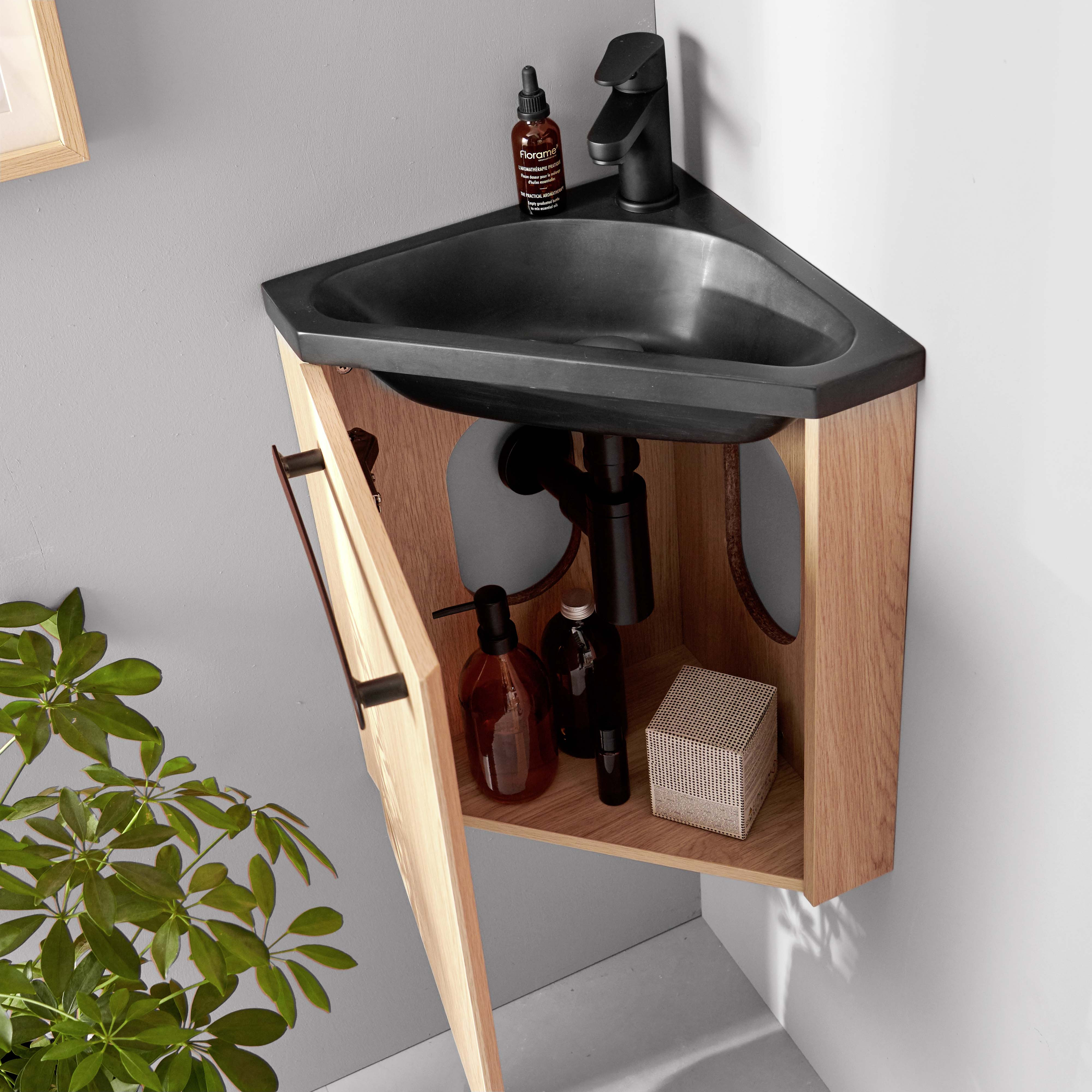 Lave-mains d'angle SKINO décor chêne avec vasque résine et robinet noir