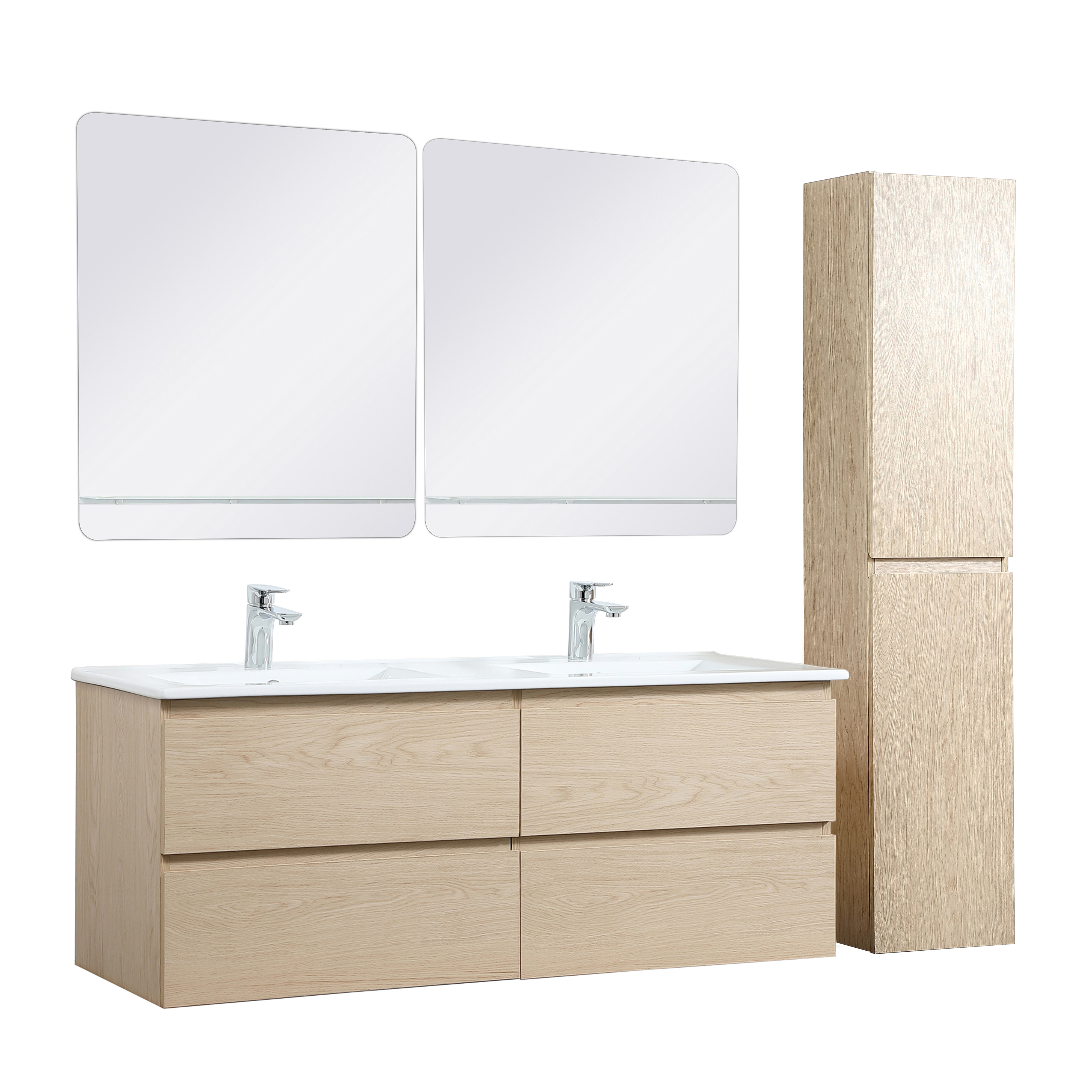 Ensemble meuble double vasque décor chêne 120cm + vasque + 2 miroirs + colonne