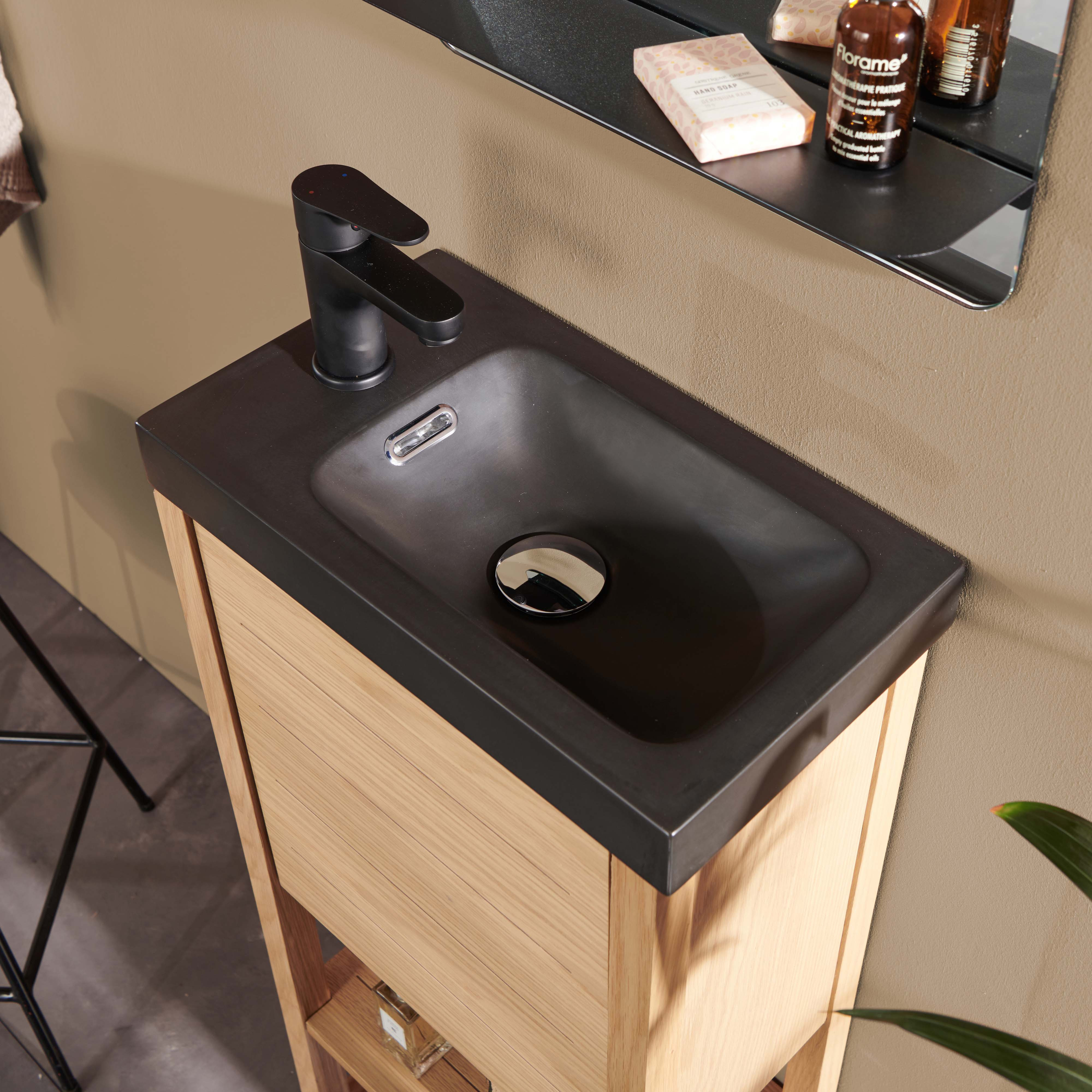Meuble lave-mains vasque noire ATOLL avec miroir