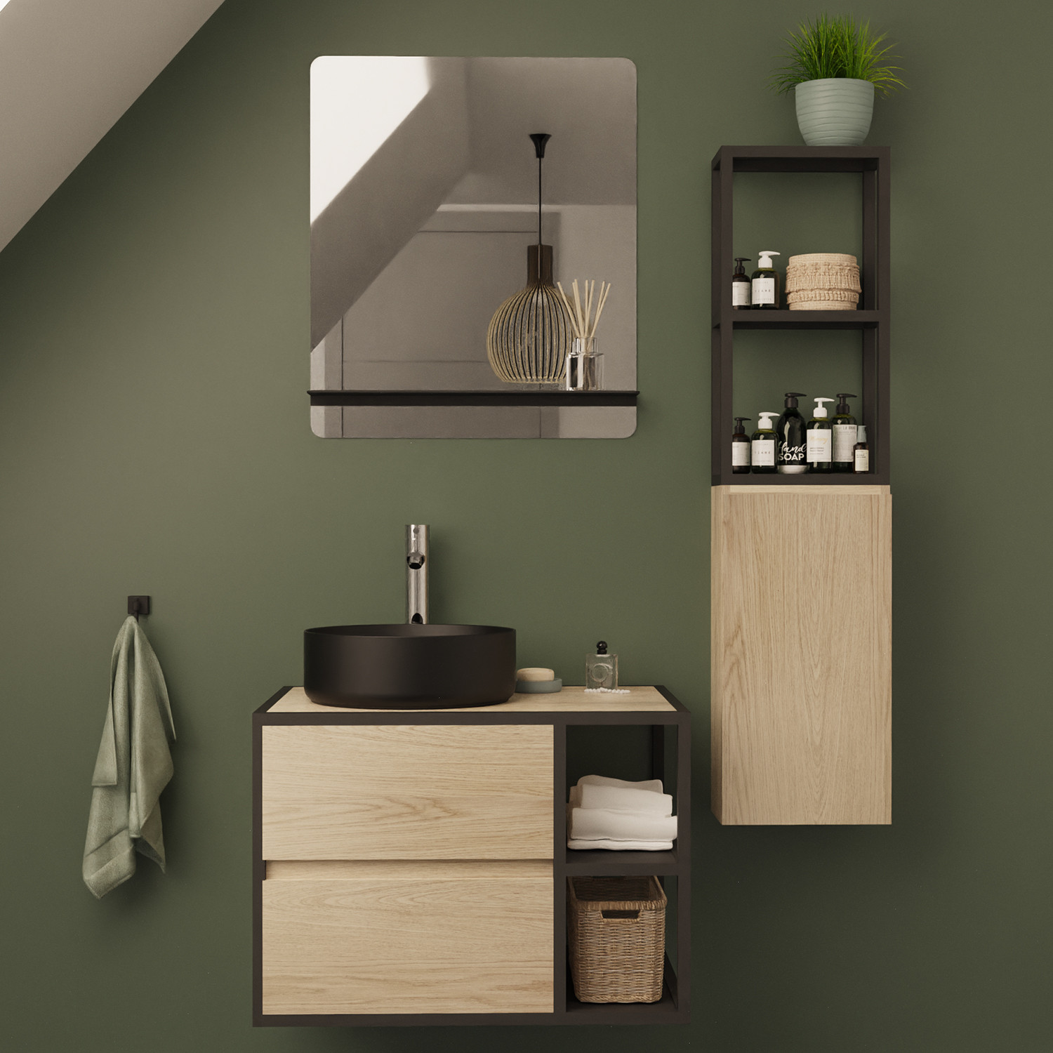 Meuble de salle de bain 70 cm EDISSON avec colonne, miroir et vasque