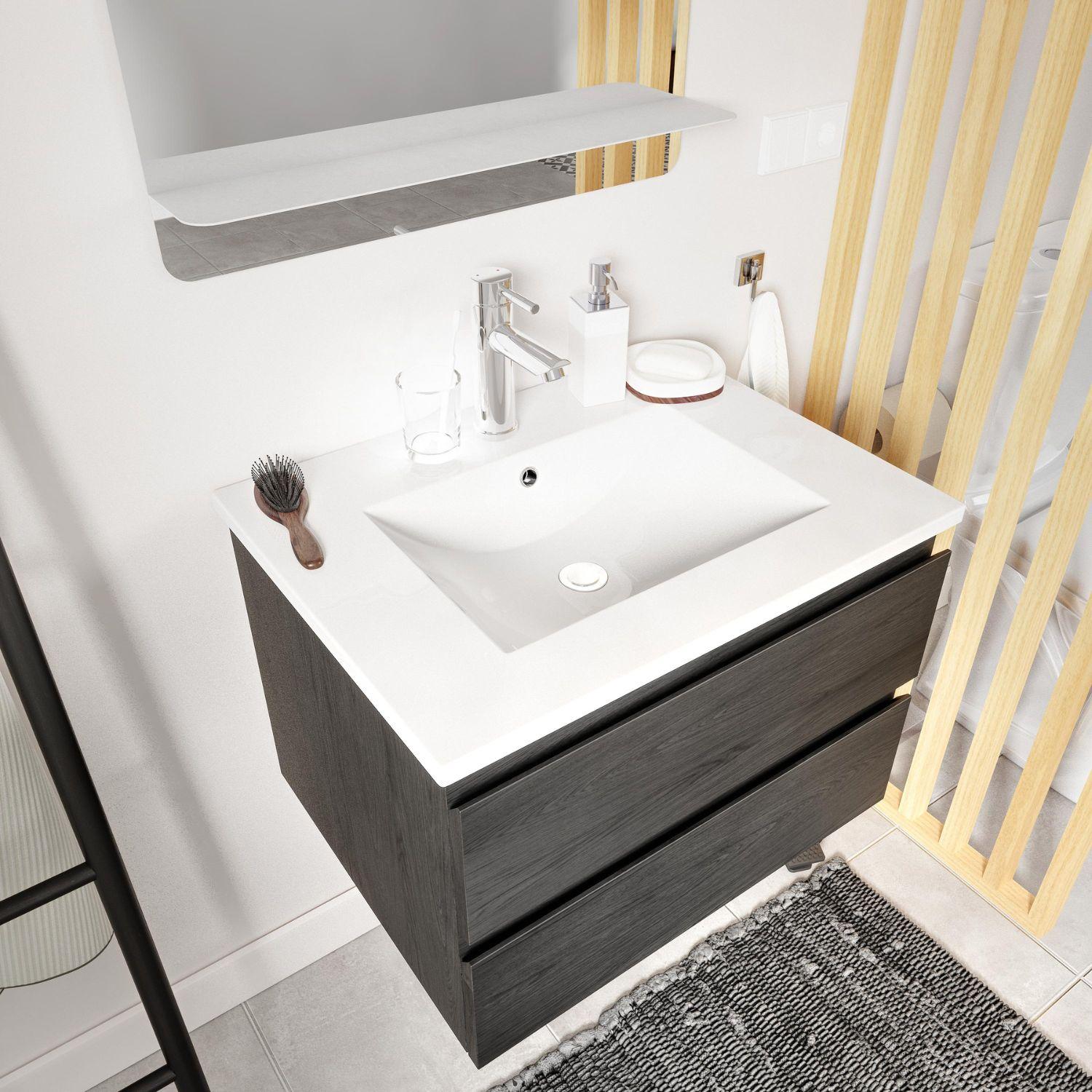 Ensemble meuble simple vasque décor chêne carbone 60cm + vasque + robinet