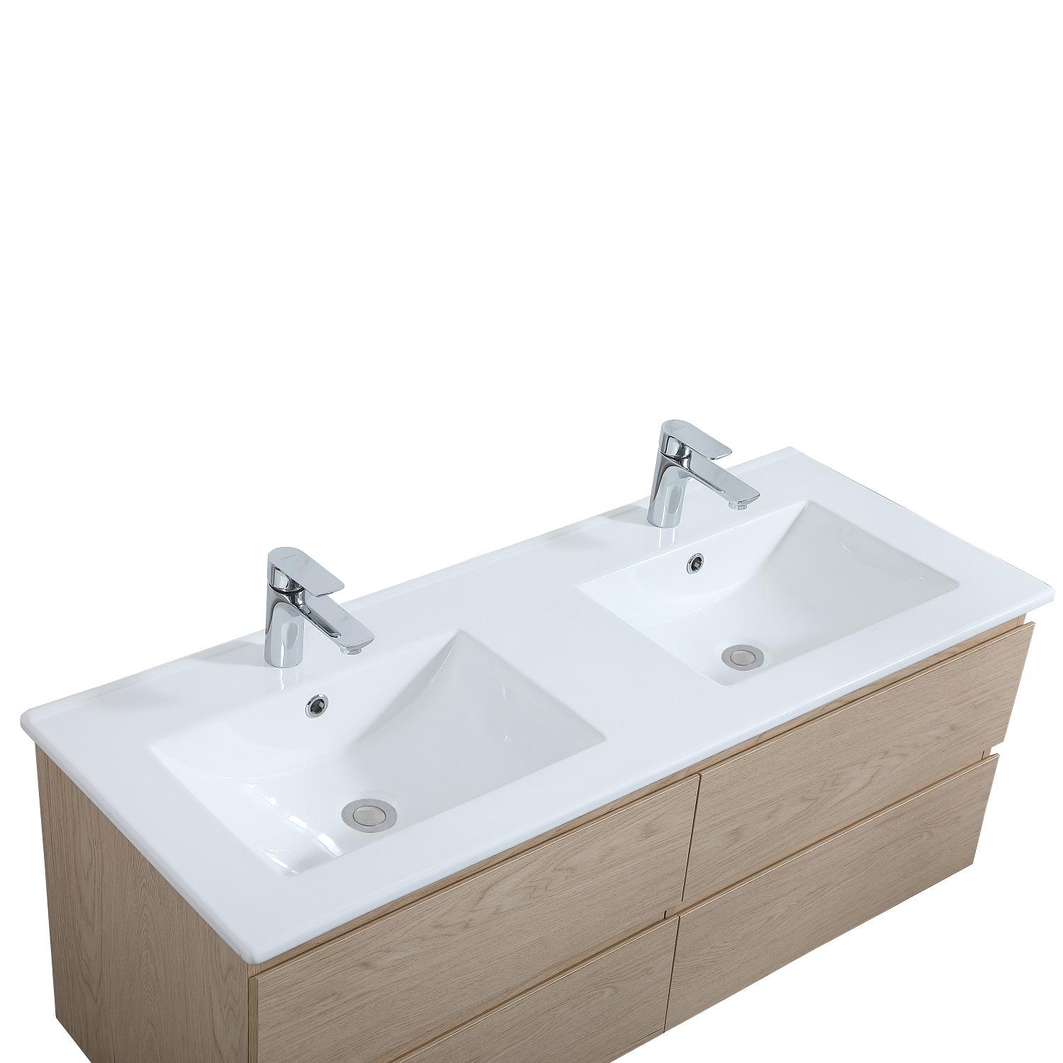 Ensemble meuble double vasque décor chêne  120cm + vasque + 2 miroirs + colonne