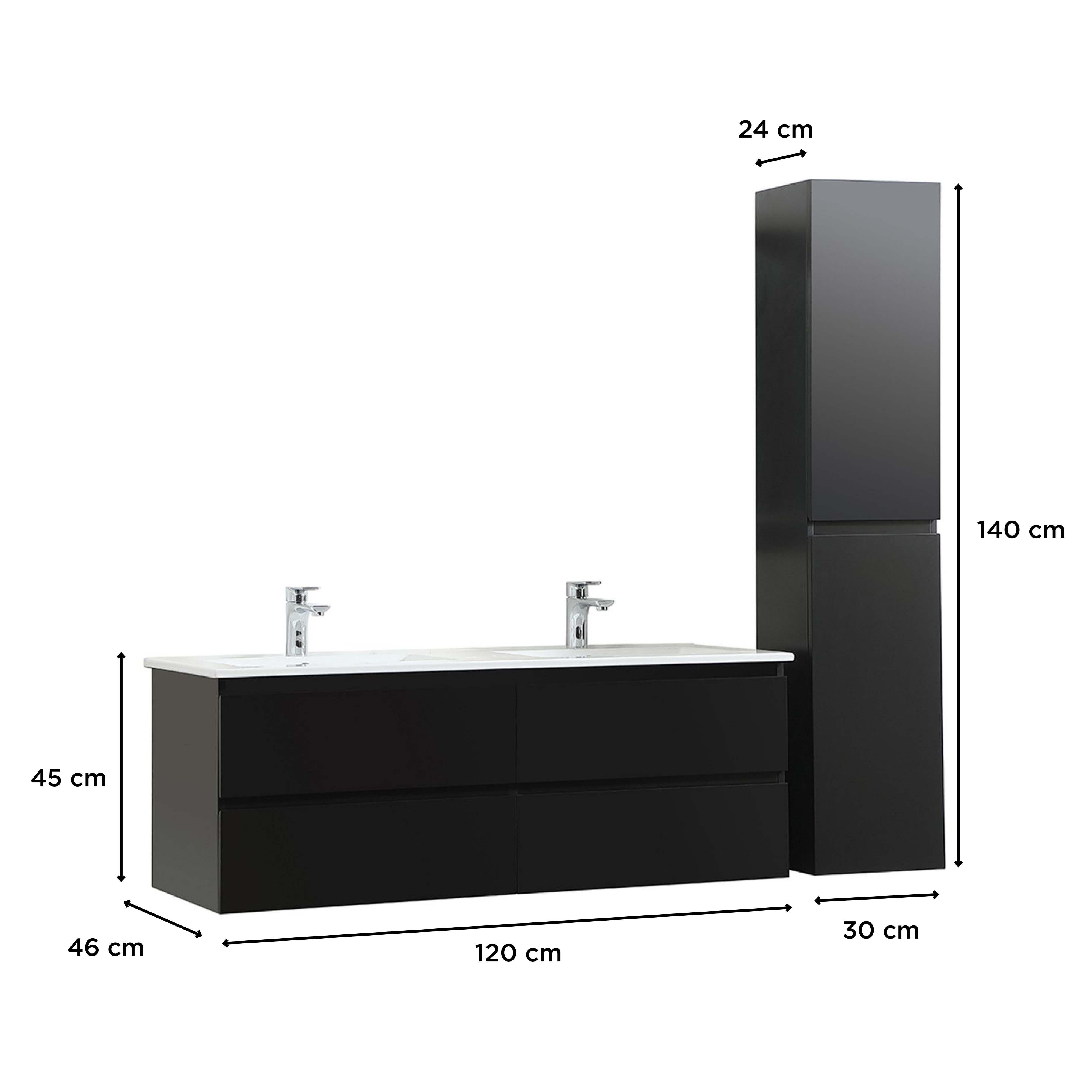 Ensemble meuble double vasque noir carbone  120cm  + vasque + colonne