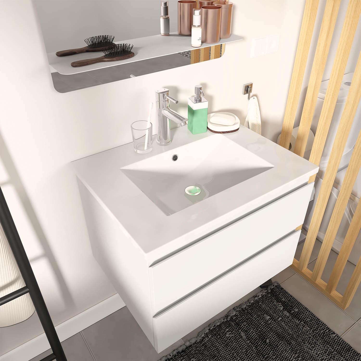 Ensemble meuble simple vasque blanc  60cm + vasque + miroir + colonne