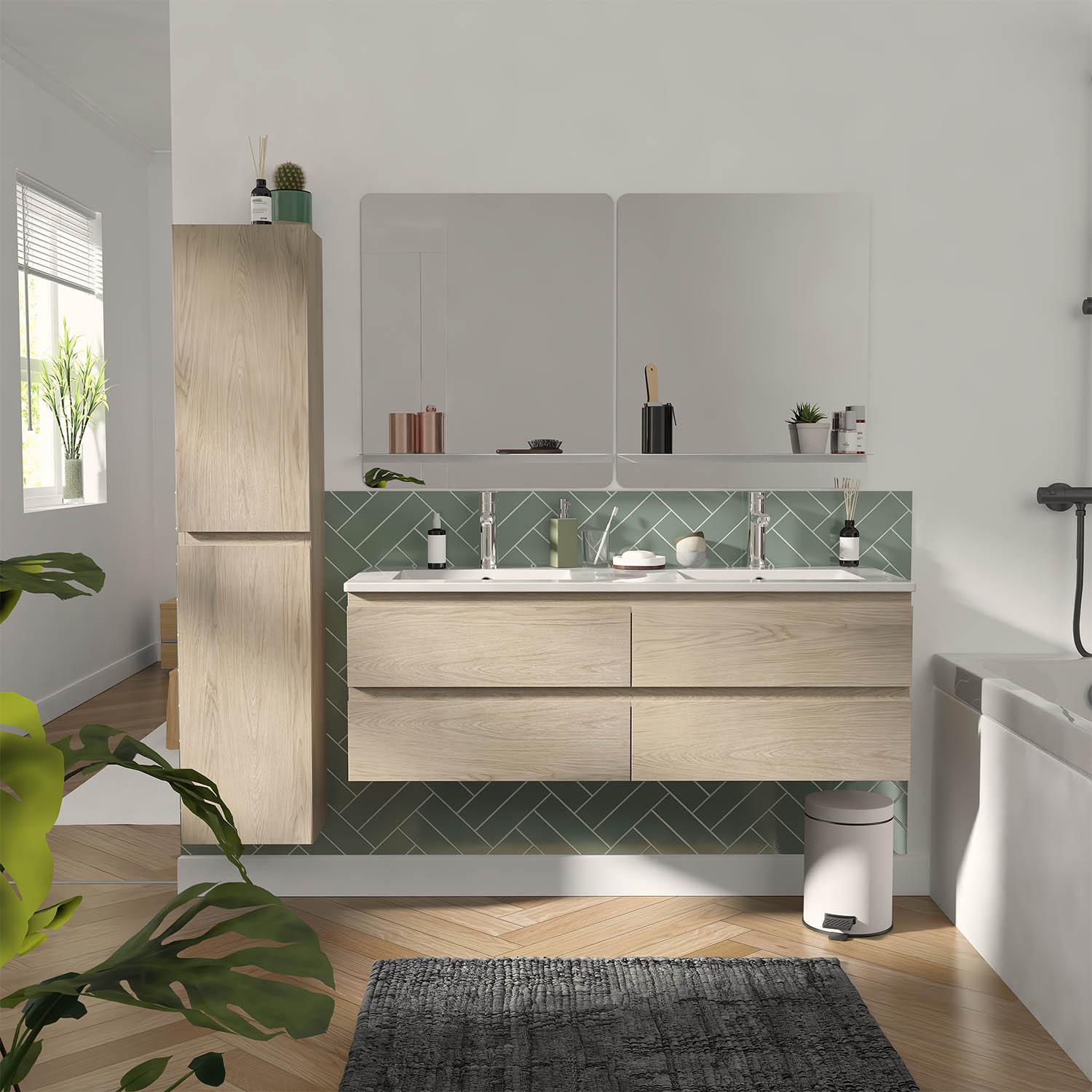 Ensemble meuble double vasque décor chêne  120cm + vasque + 2 miroirs + colonne
