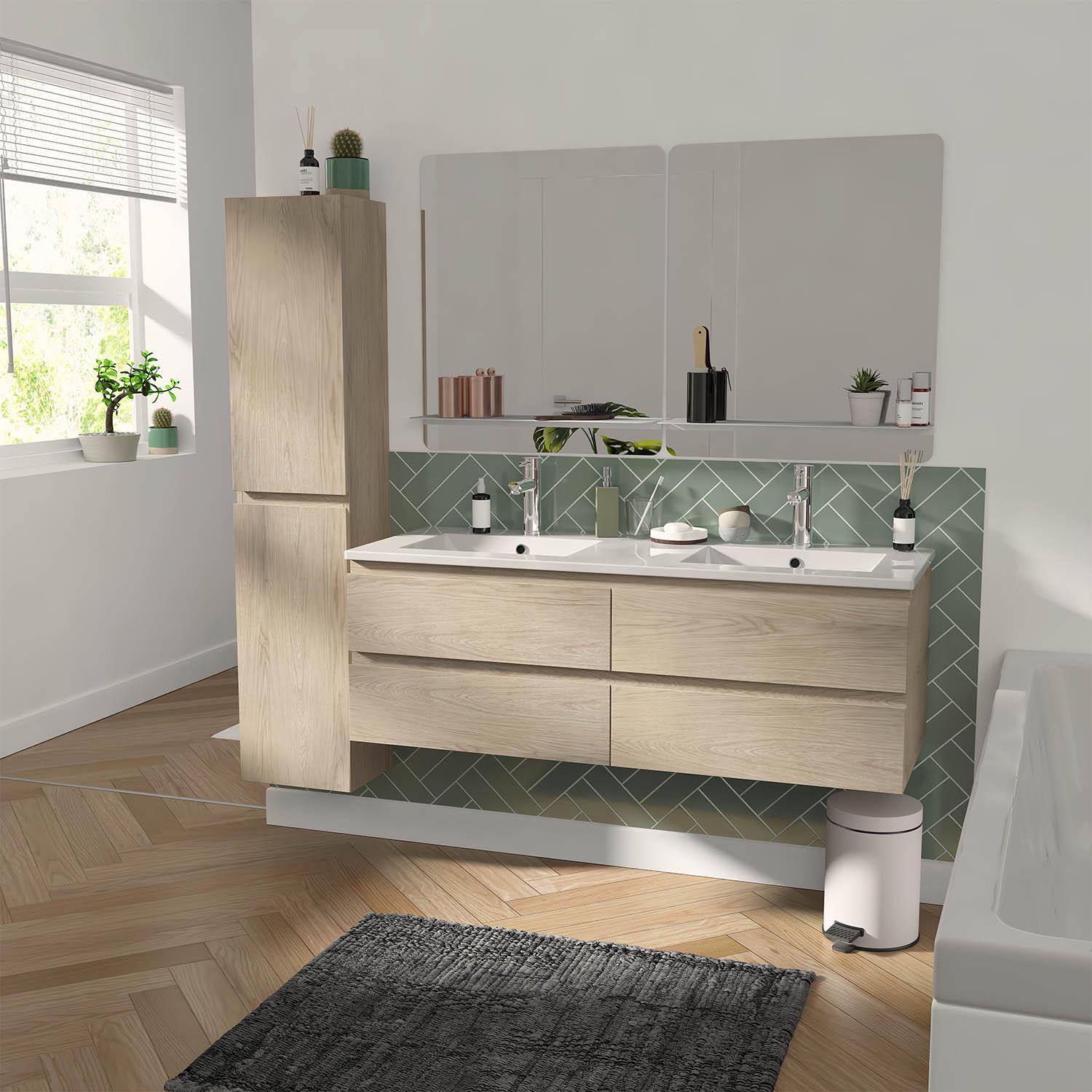 Ensemble meuble double vasque décor chêne  120cm + vasque + 2 miroirs + colonne