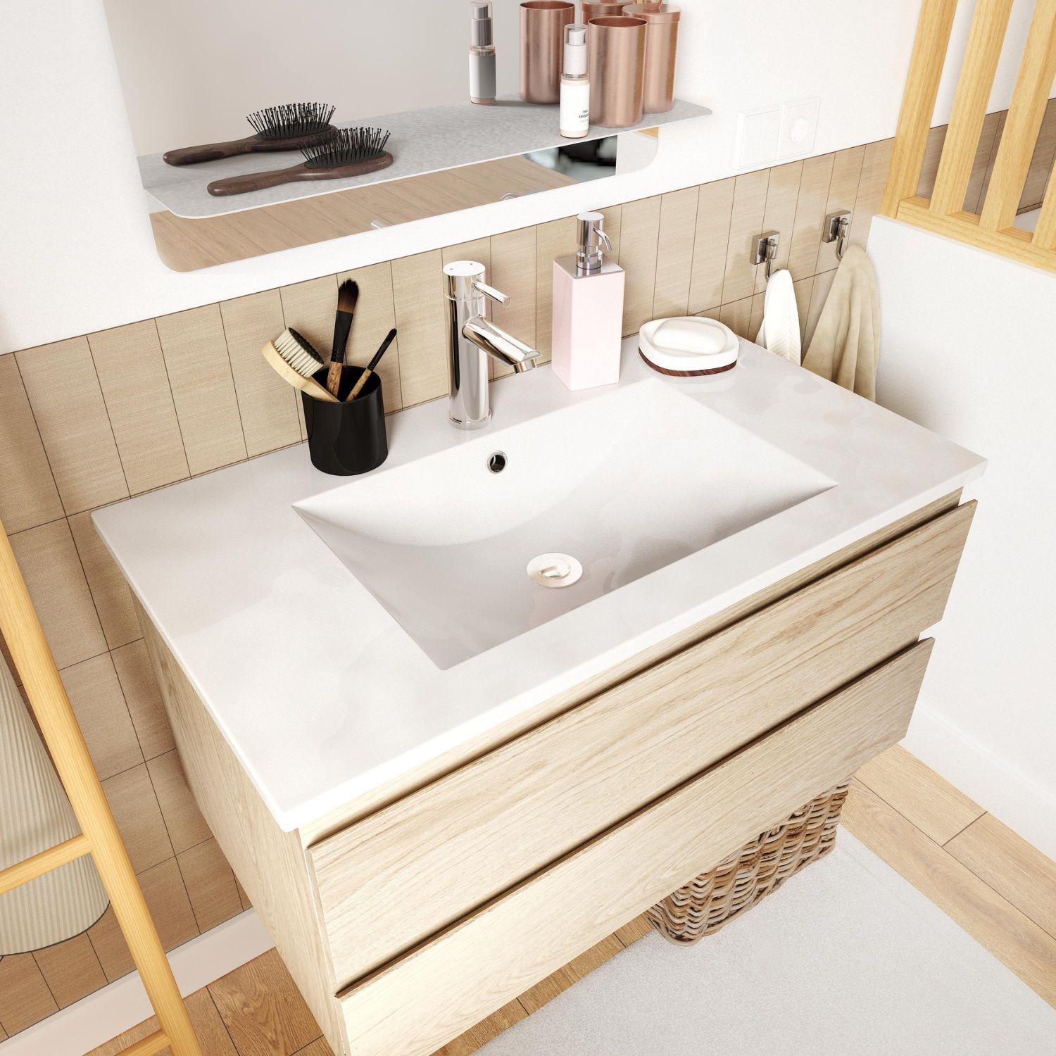 Ensemble meuble simple vasque décor chêne  80cm + vasque + robinet + miroir