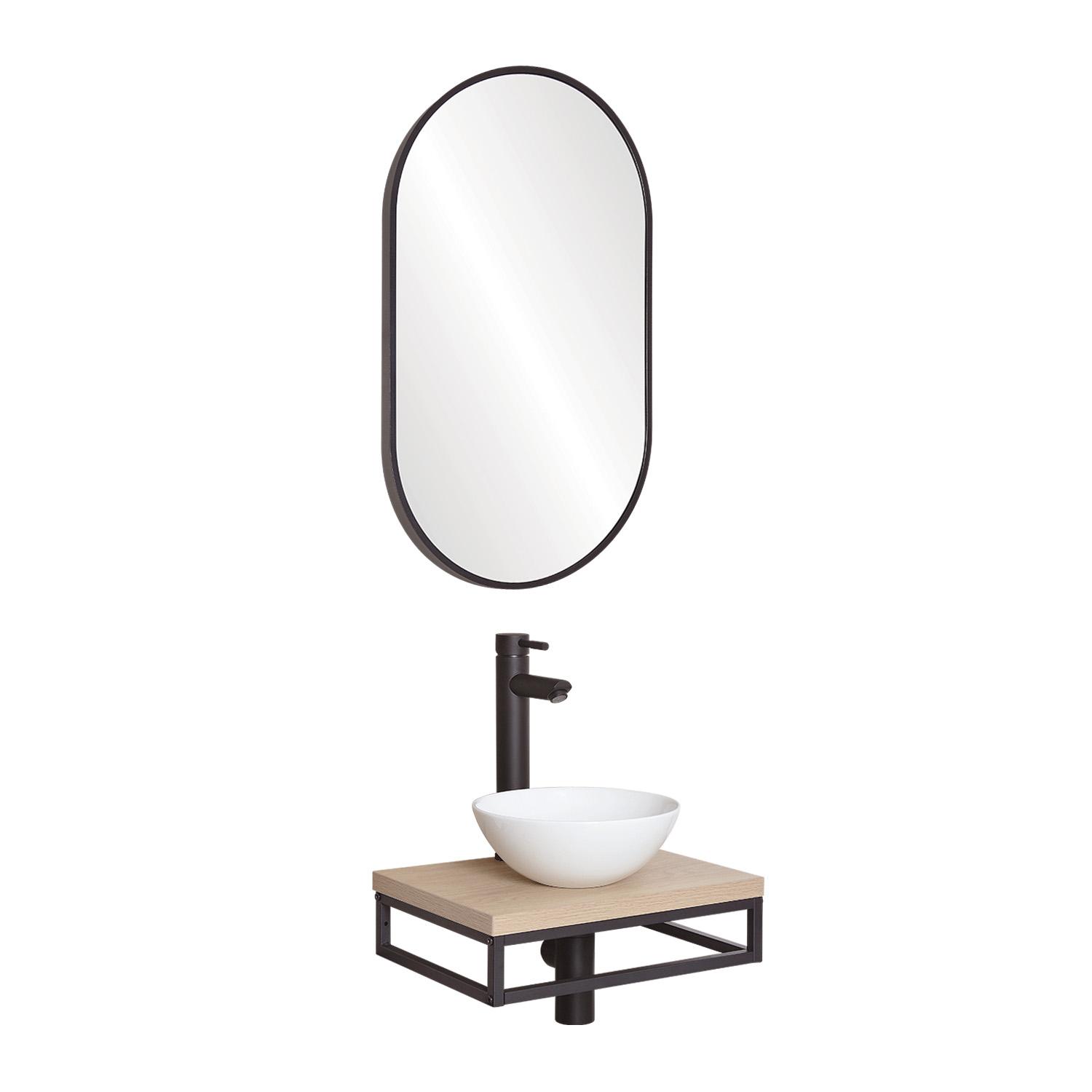 Meuble lave-mains plan fin porte-serviettes dessous + vasque blanche + miroir