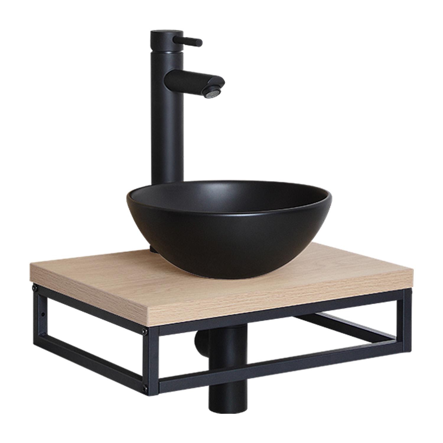 Meuble lave-mains plan fin porte-serviettes dessous + vasque noire + robinet