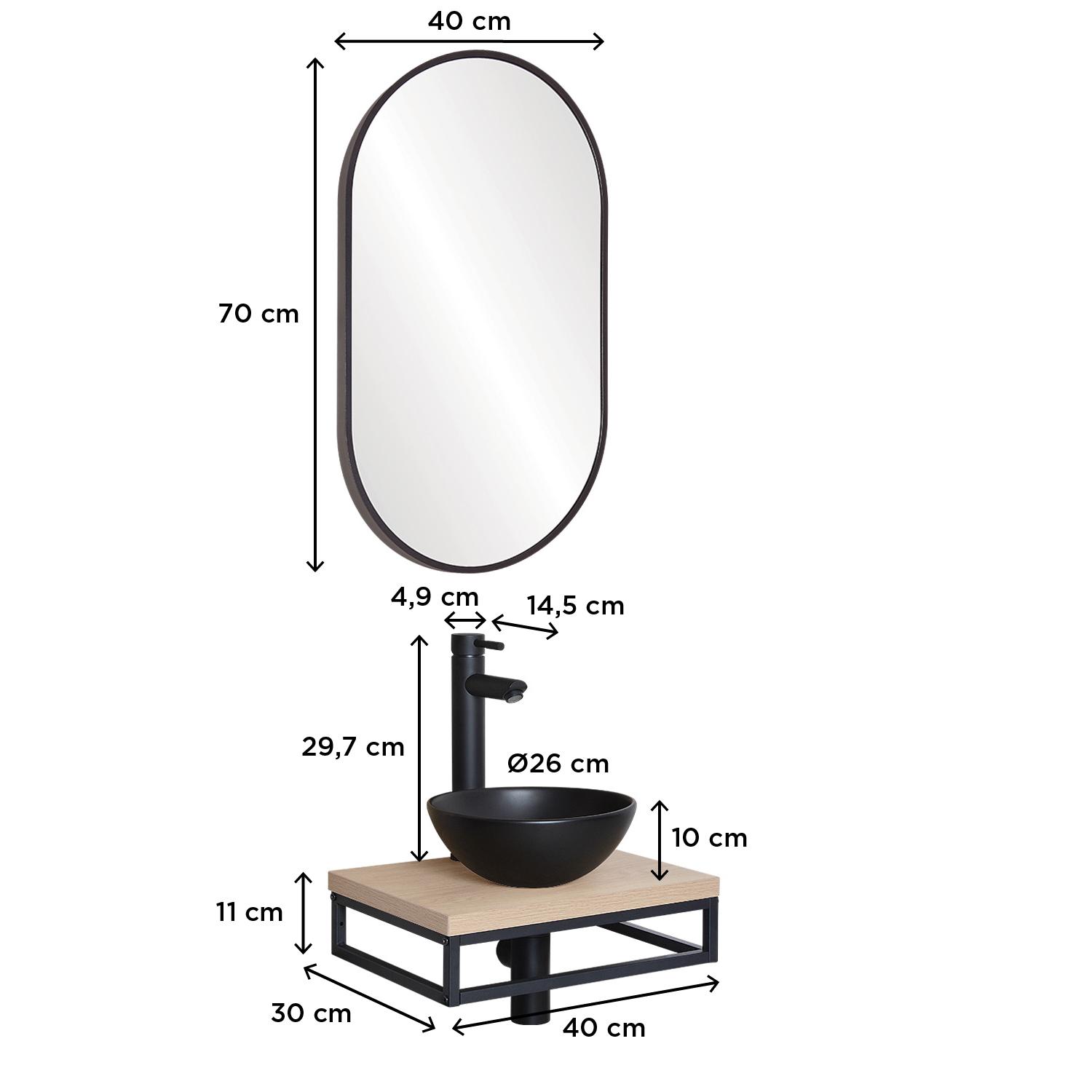 Meuble lave-mains plan fin porte-serviettes dessous + vasque noire + robinet + miroir