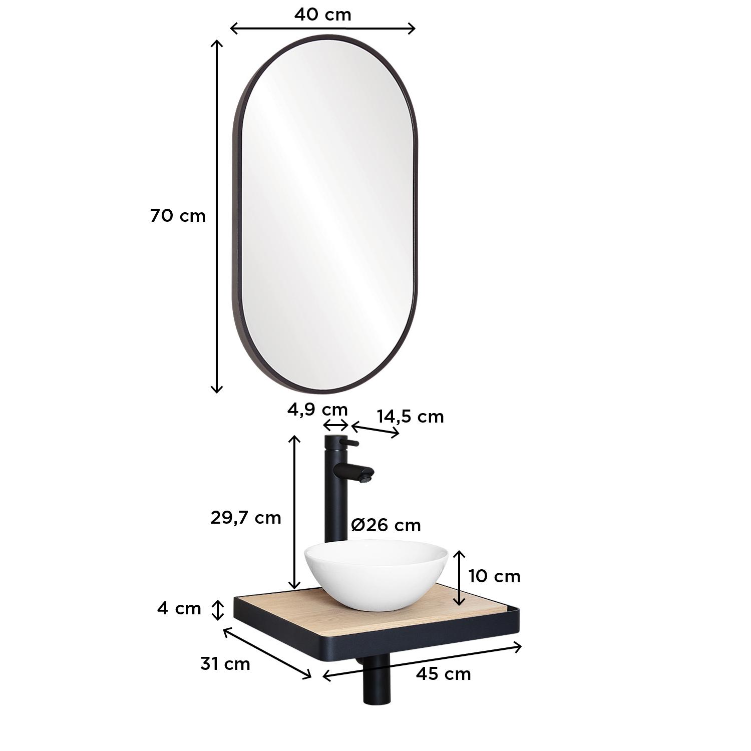Meuble lave-mains plan fin porte-serviettes face + vasque blanche + robinet + miroir