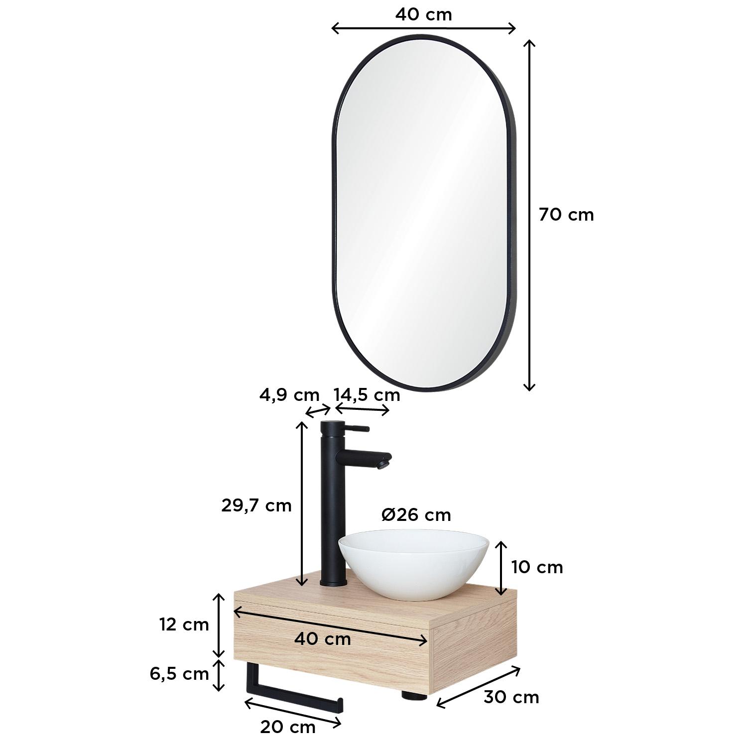Meuble lave-mains plan épais porte-serviettes dessous + vasque blanche + robinet + miroir