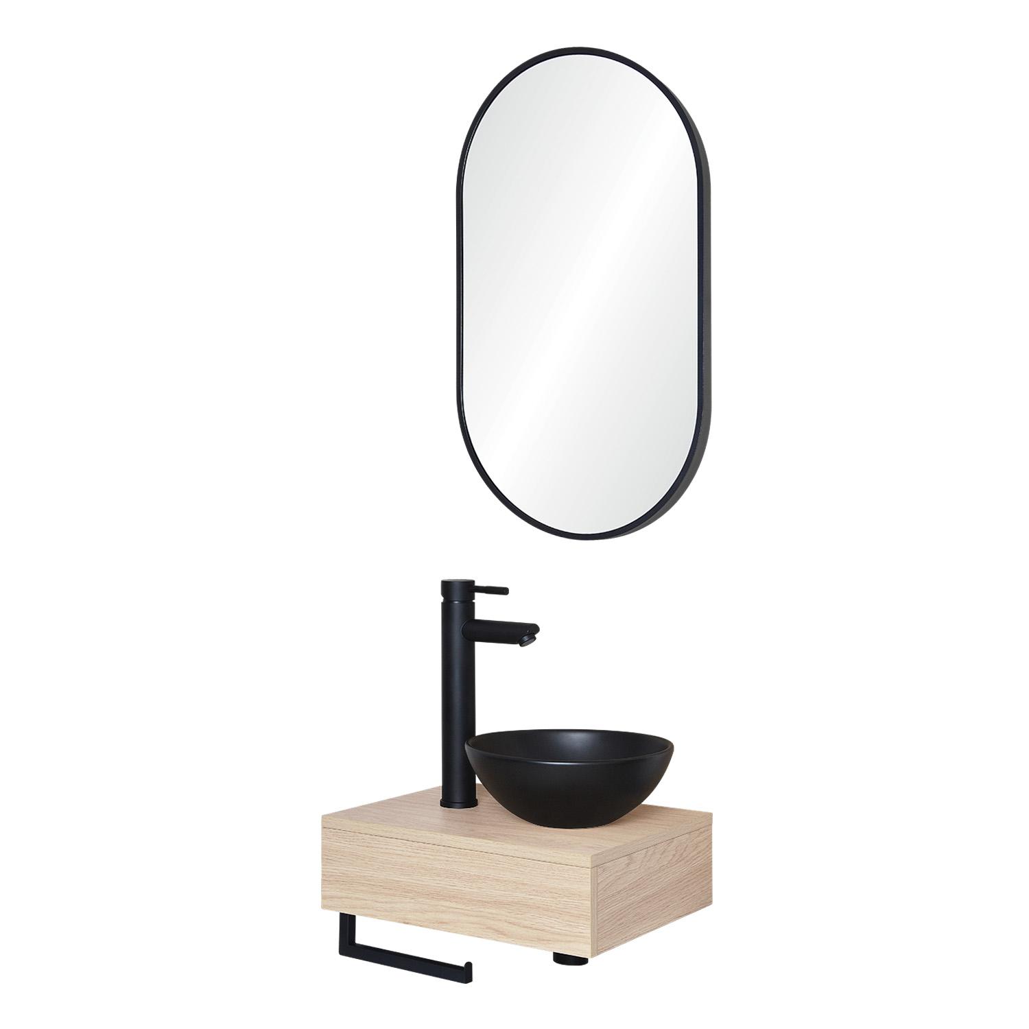 Meuble lave-mains plan épais porte-serviettes dessous + vasque noire + robinet + miroir