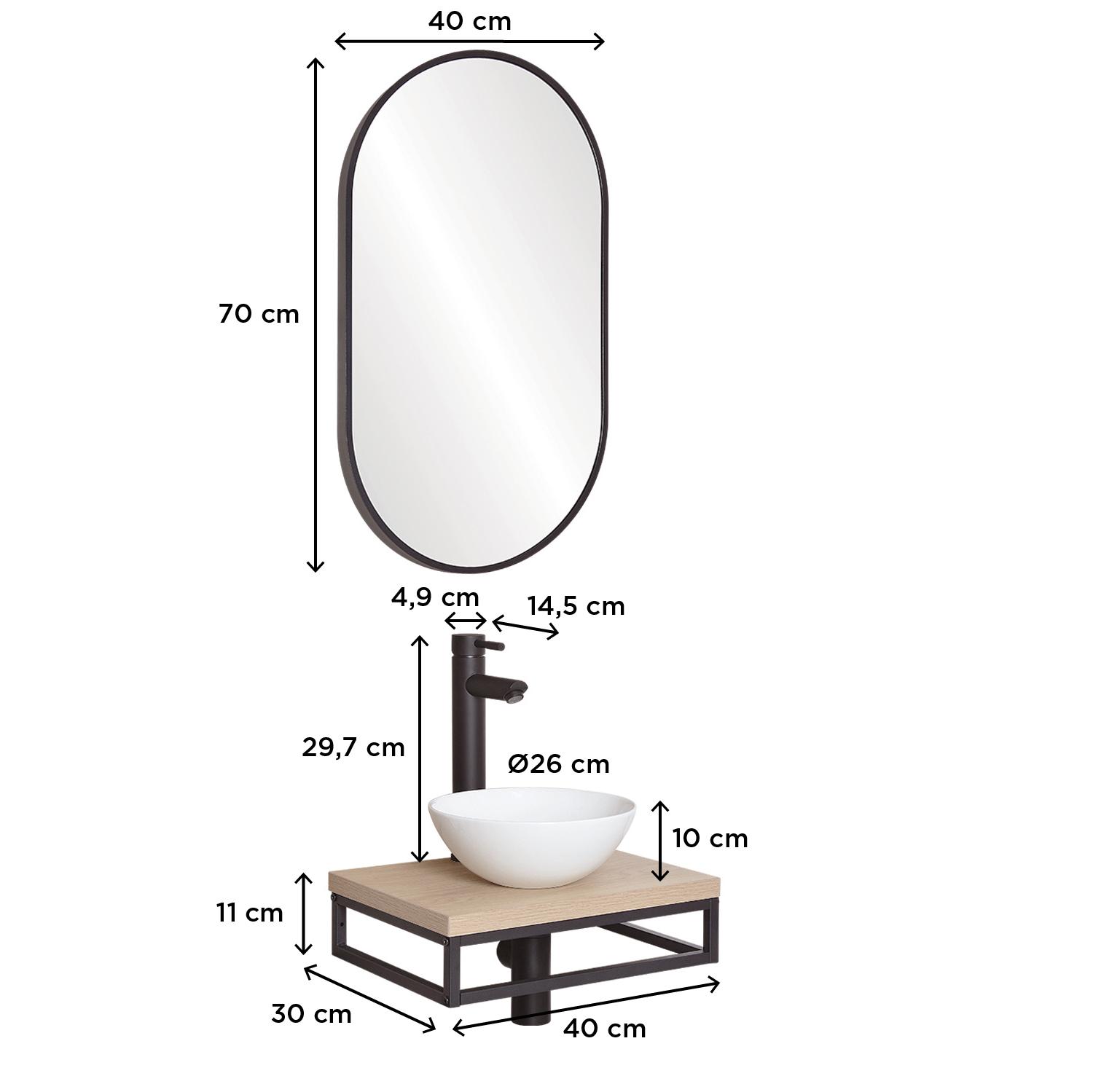 Meuble lave-mains plan fin porte-serviettes dessous + vasque blanche + robinet + miroir