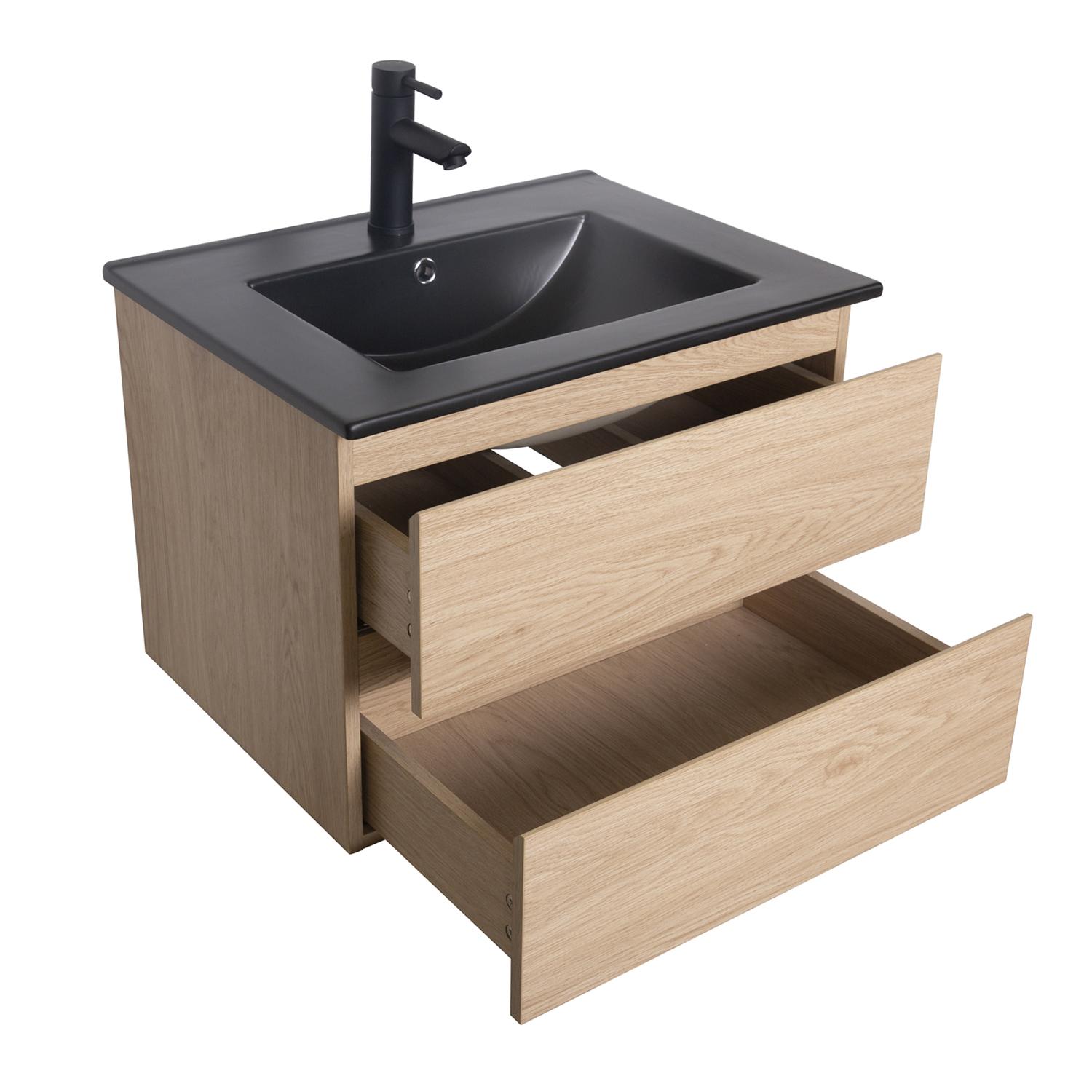 Ensemble meuble simple vasque 60cm décor chêne + vasque noire + robinet + miroir
