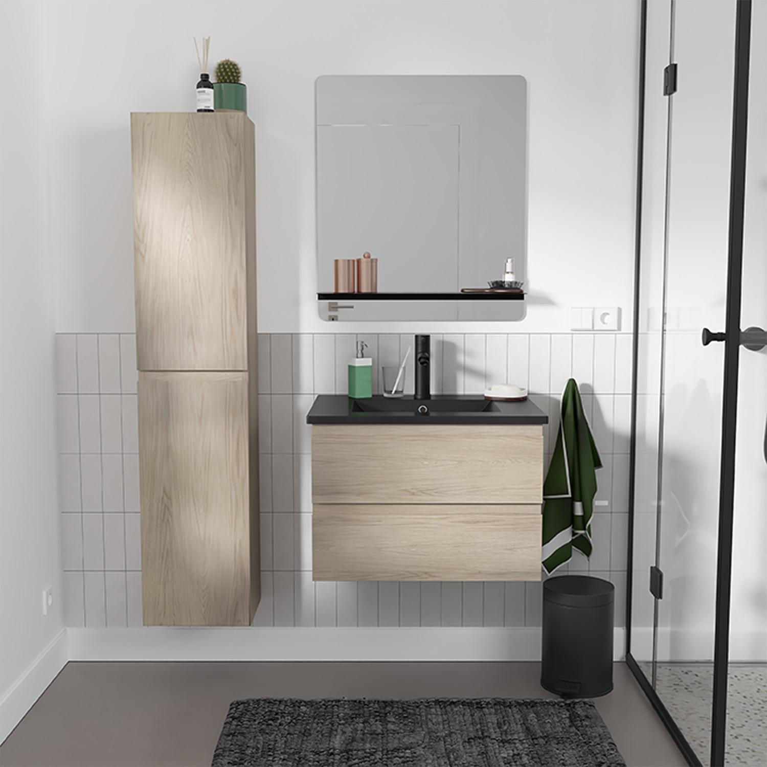 Ensemble meuble simple vasque 60cm décor chêne + vasque noire + robinet + miroir + colonne