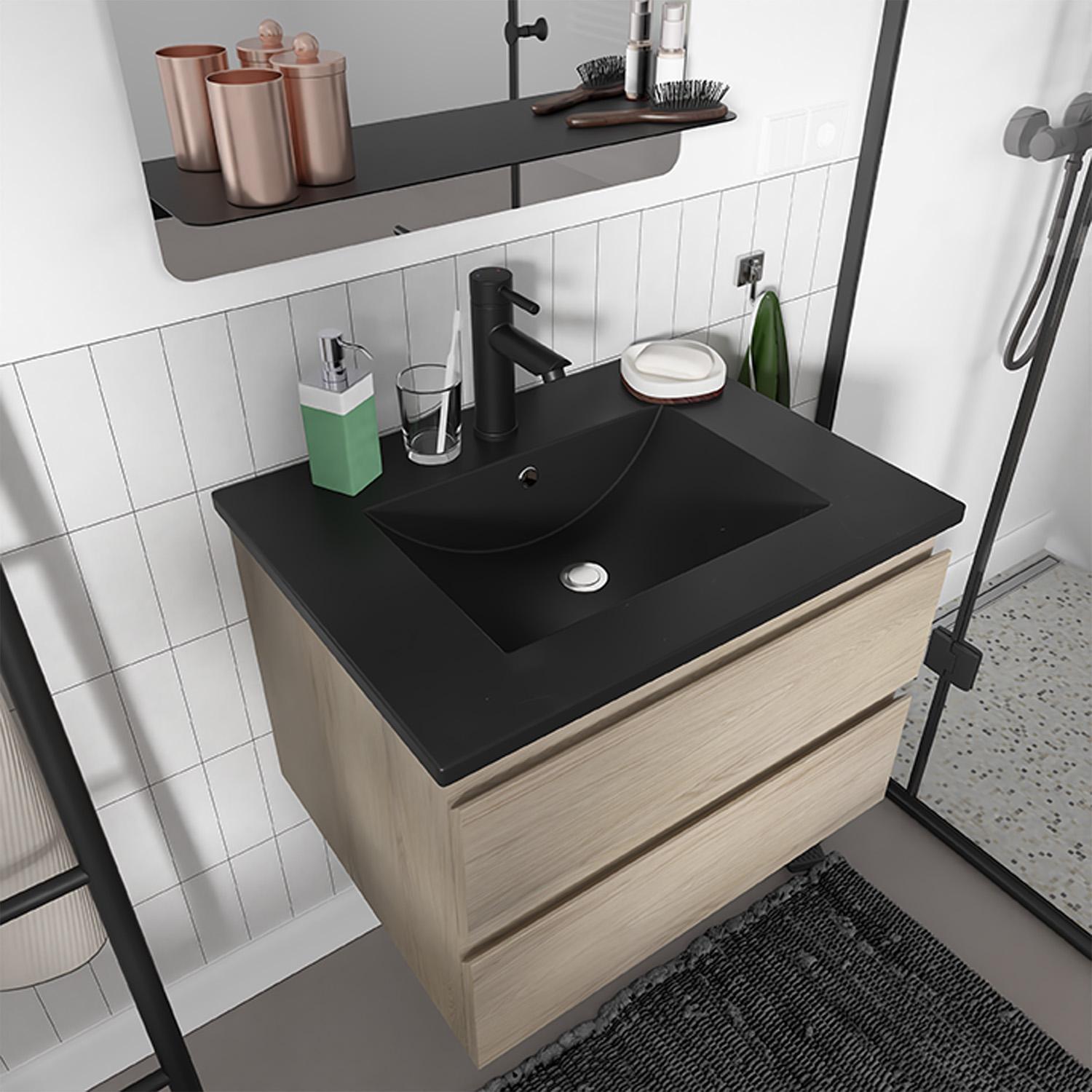 Ensemble meuble simple vasque 60cm décor chêne + vasque noire + robinet + miroir + colonne