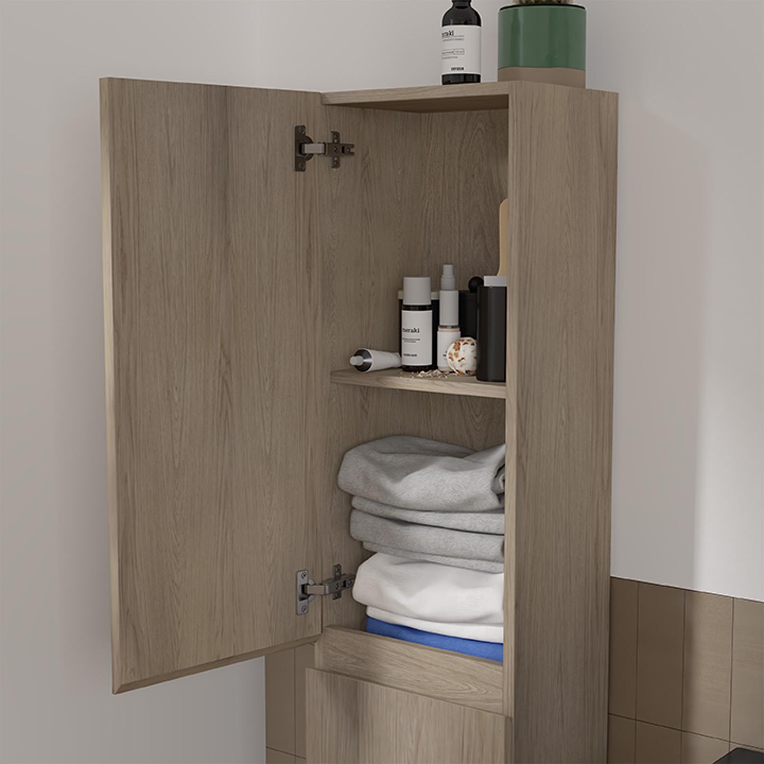 Ensemble meuble simple vasque 60cm décor chêne + vasque noire + robinet + miroir + colonne
