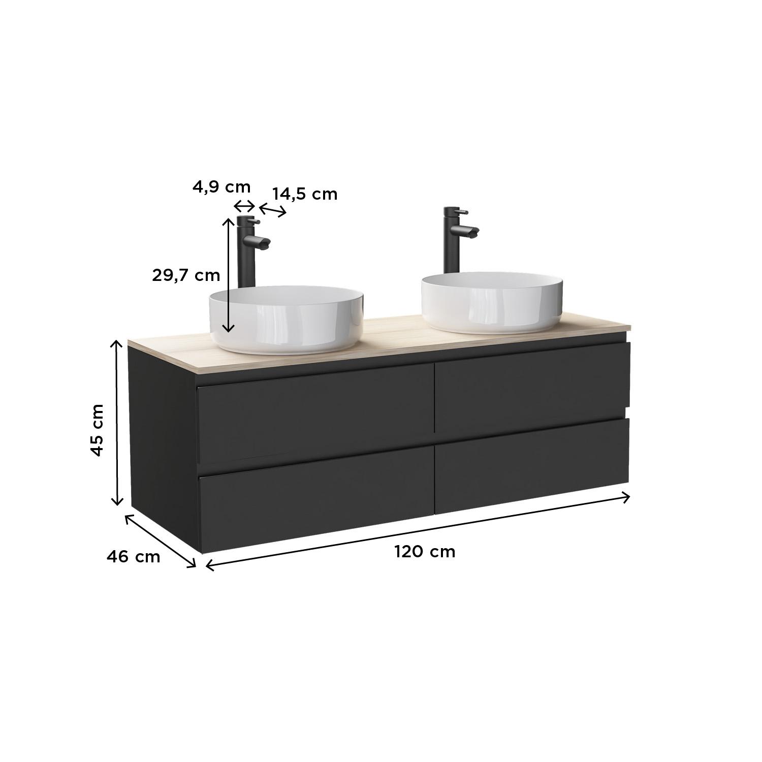 Ensemble meuble double vasque noir carbone 120 cm  + 2 vasques + 2 robinets