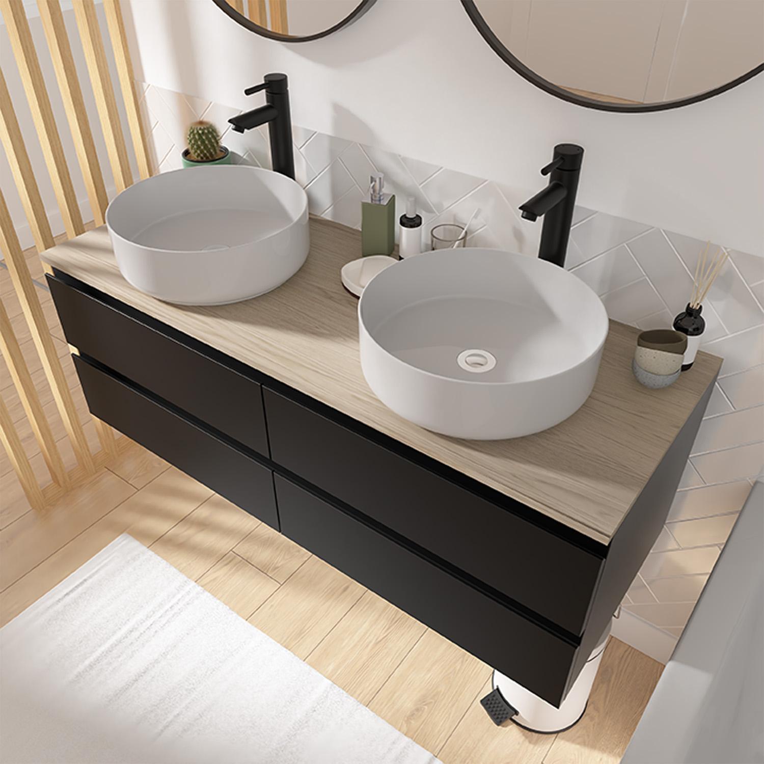Ensemble meuble double vasque noir carbone 120 cm  + 2 vasques + 2 robinets