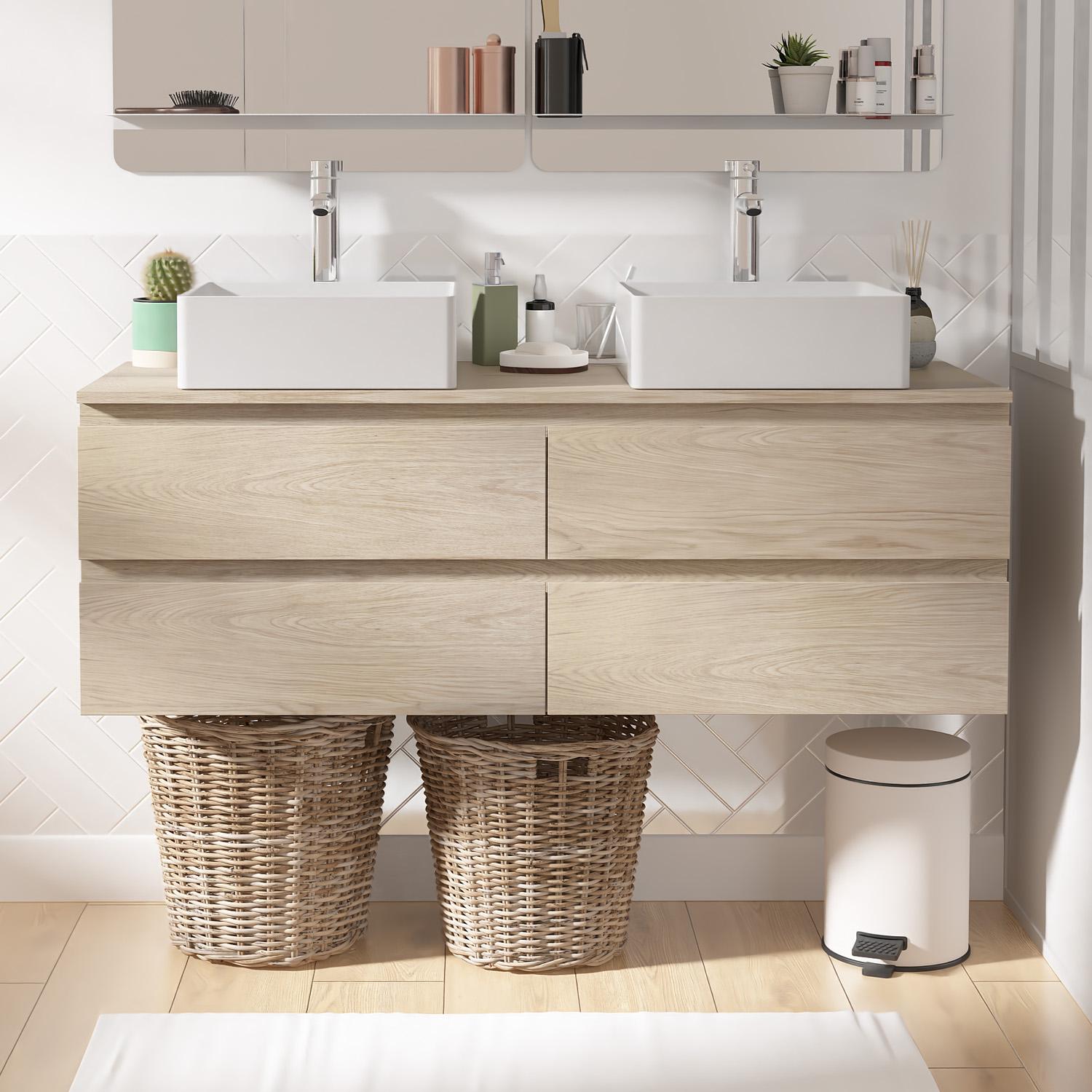 Ensemble meuble double vasque décor chêne 120 cm + 2 vasques