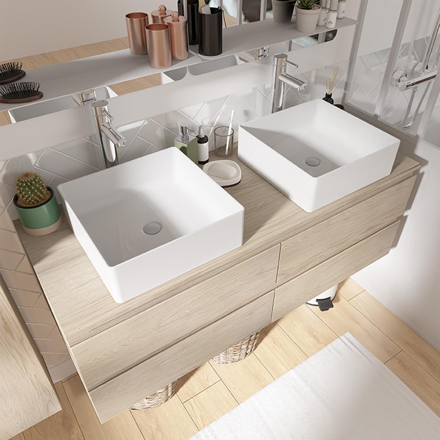 Ensemble meuble double vasque décor chêne 120 cm + 2 vasques