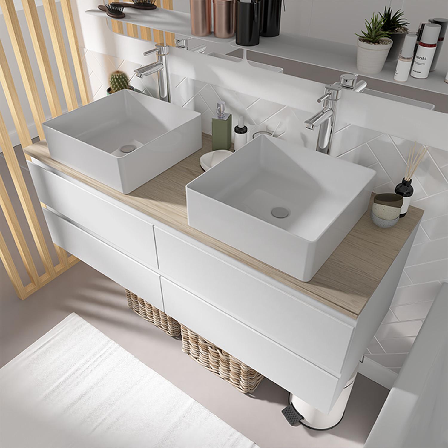 Ensemble meuble double vasque blanc 120 cm + 2 vasques + 2 miroirs + 2 robinets