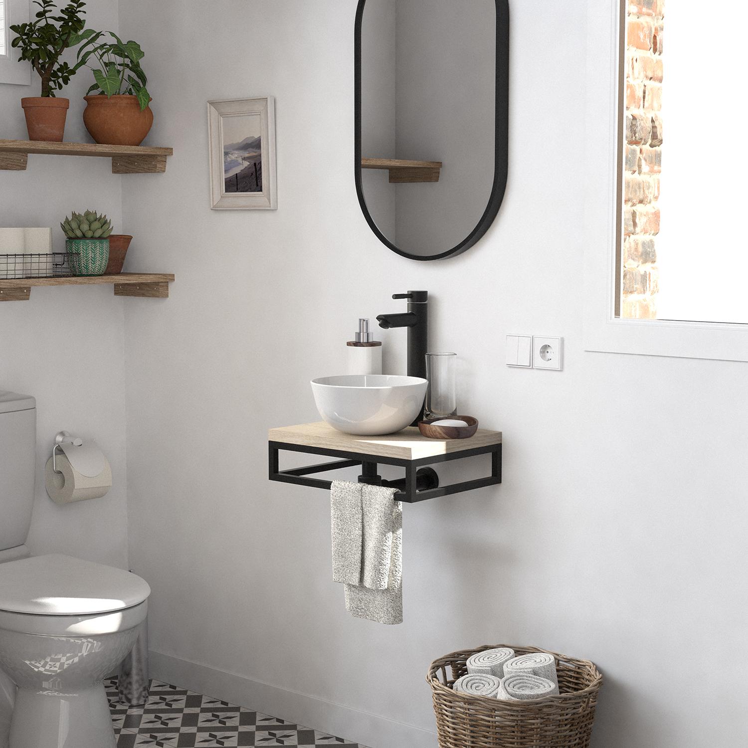 Meuble lave-mains plan fin porte-serviettes dessous + vasque blanche + miroir