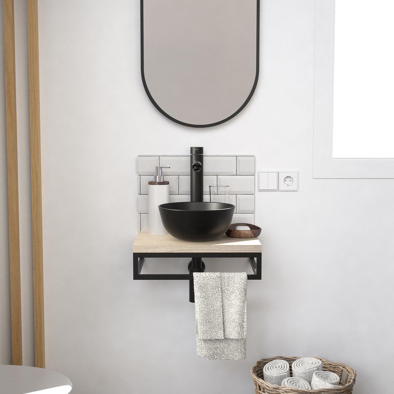 Meuble lave-mains plan fin porte-serviettes dessous + vasque noire + miroir