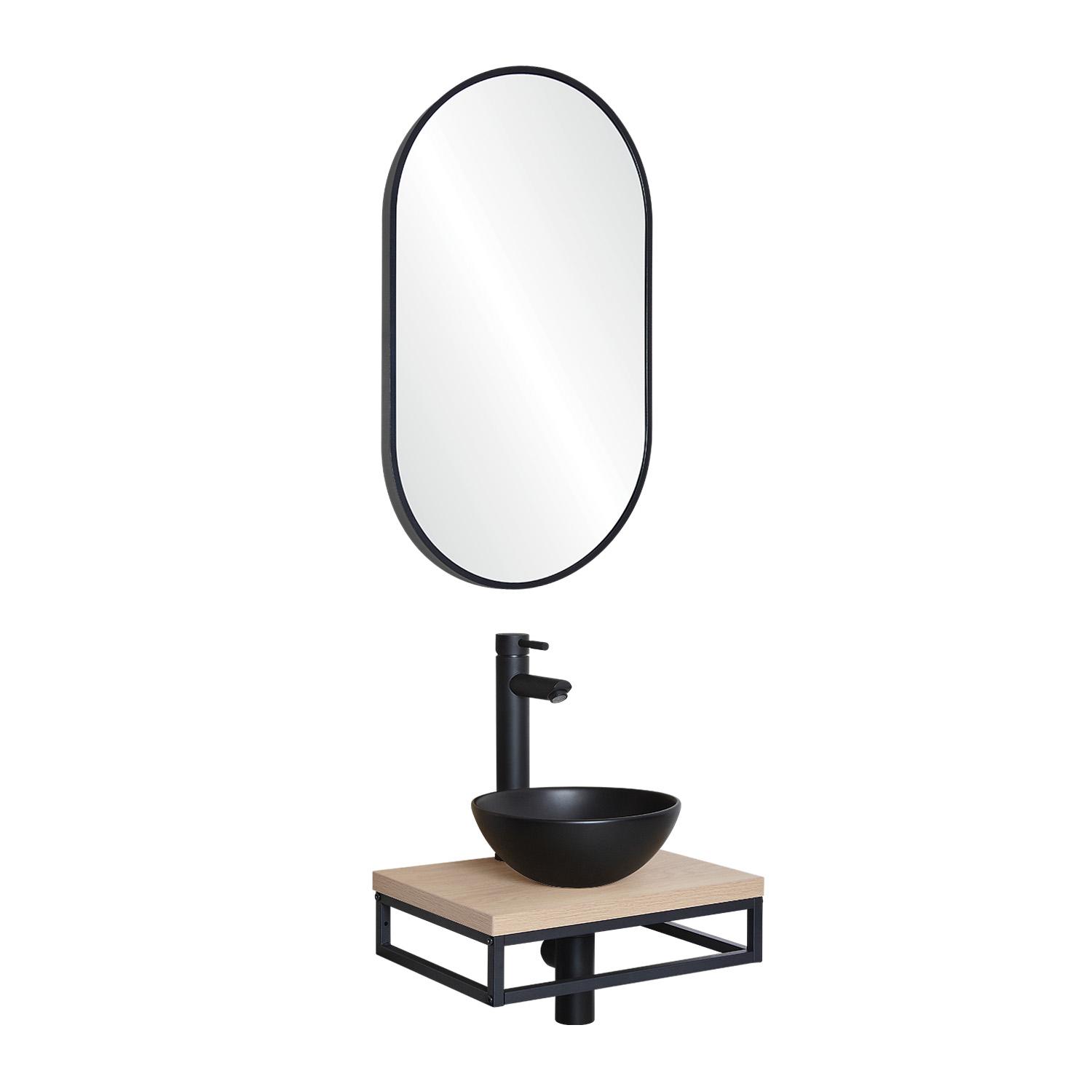 Meuble lave-mains plan fin porte-serviettes dessous + vasque noire + robinet + miroir