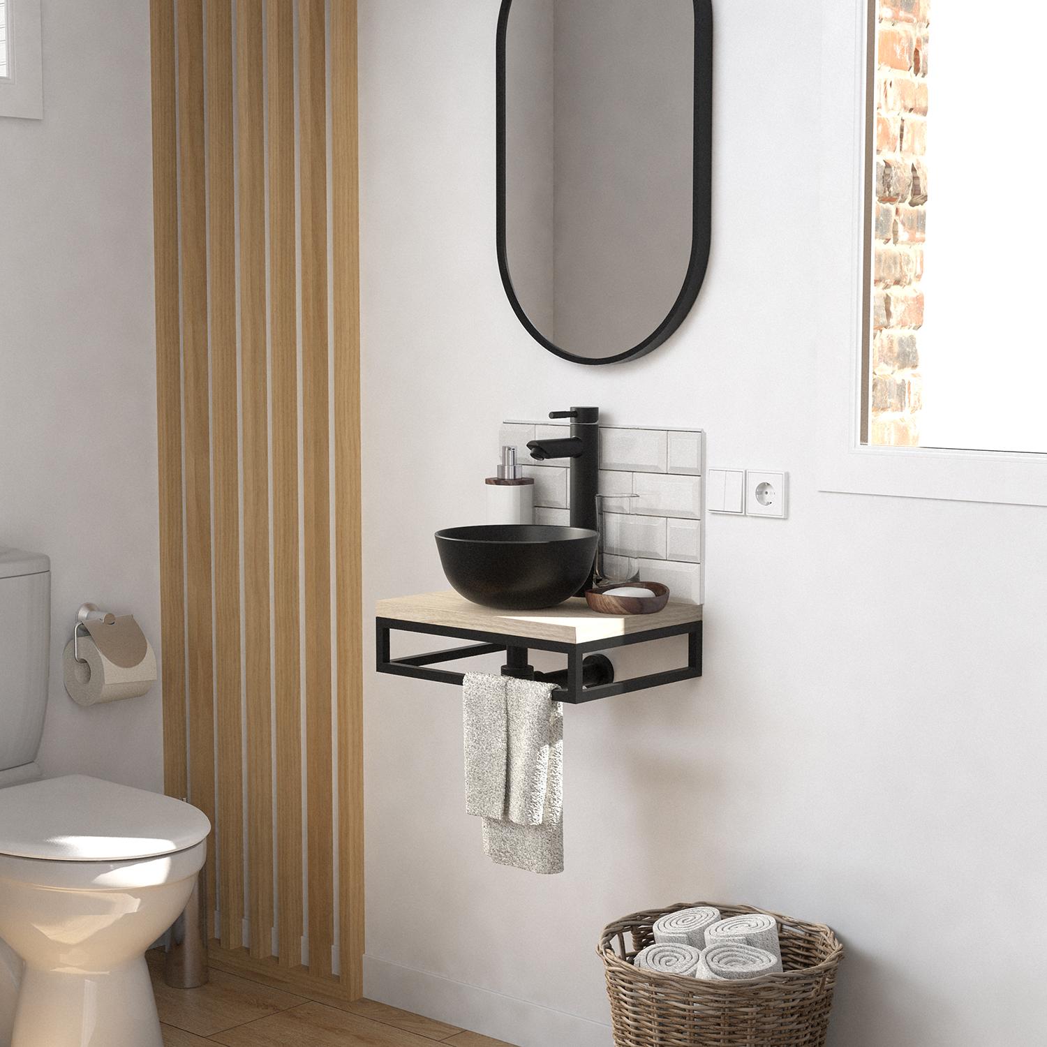 Meuble lave-mains plan fin porte-serviettes dessous + vasque noire + robinet + miroir