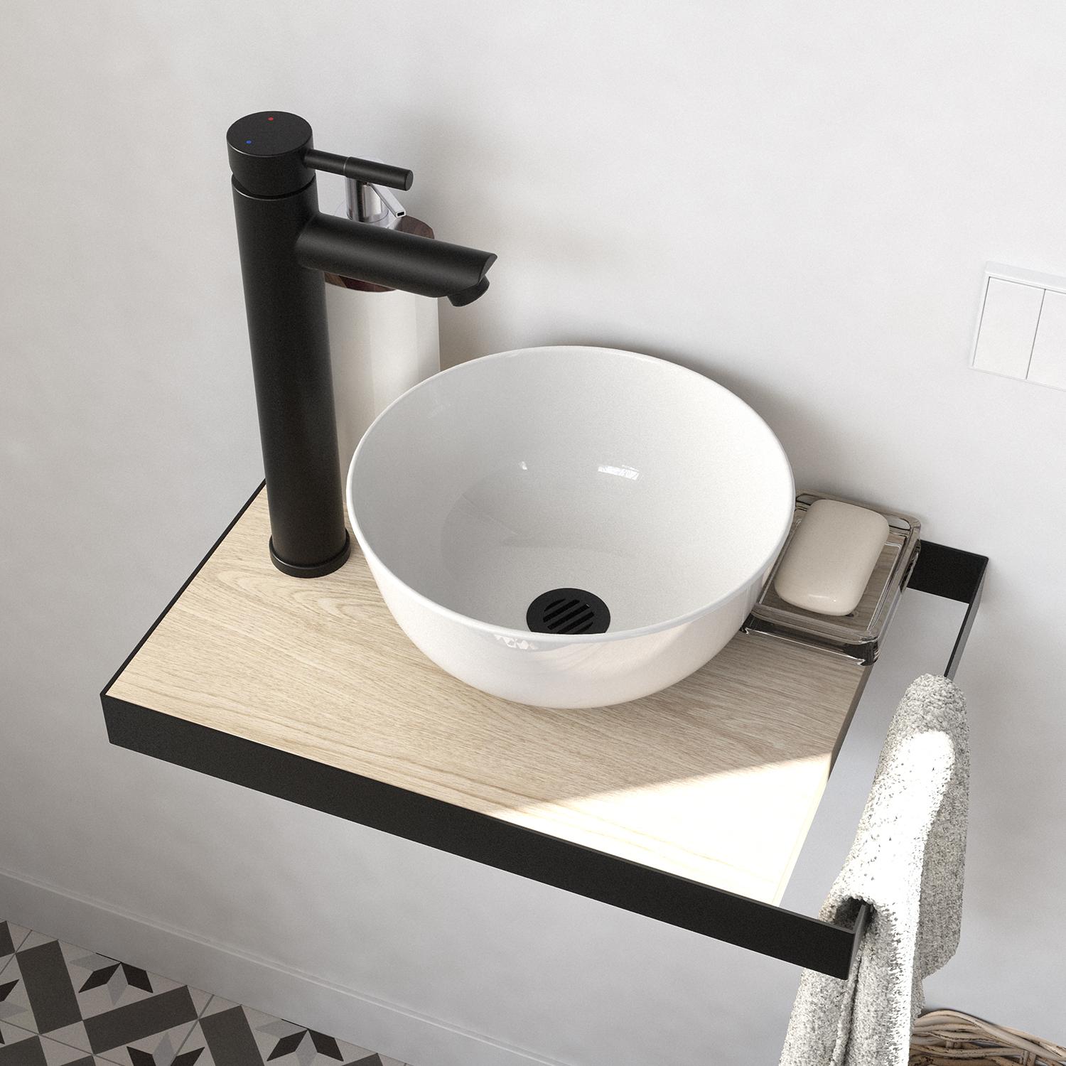 Meuble lave-mains plan fin porte-serviettes côté + vasque blanche + robinet + miroir