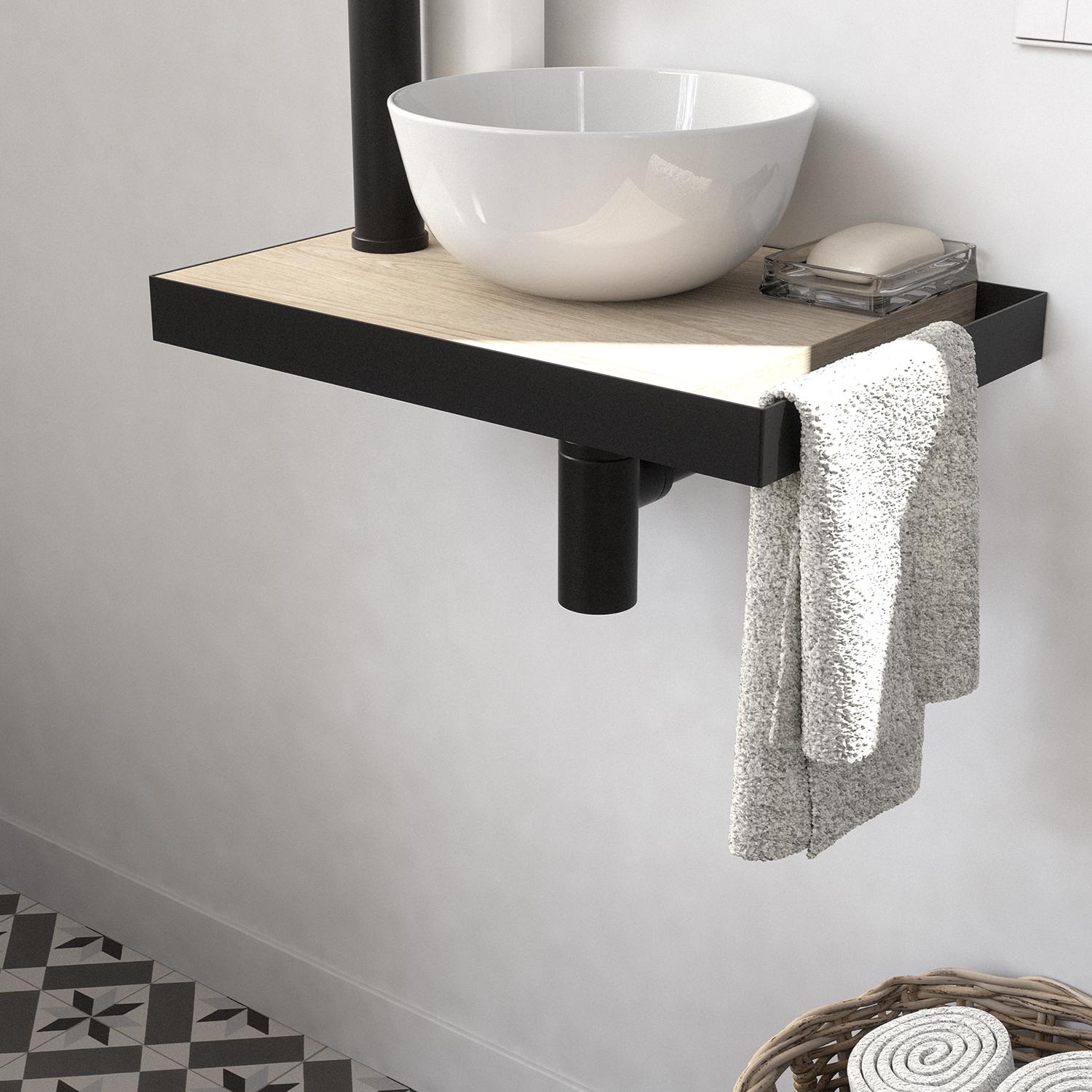 Meuble lave-mains plan fin porte-serviettes côté + vasque blanche + robinet + miroir
