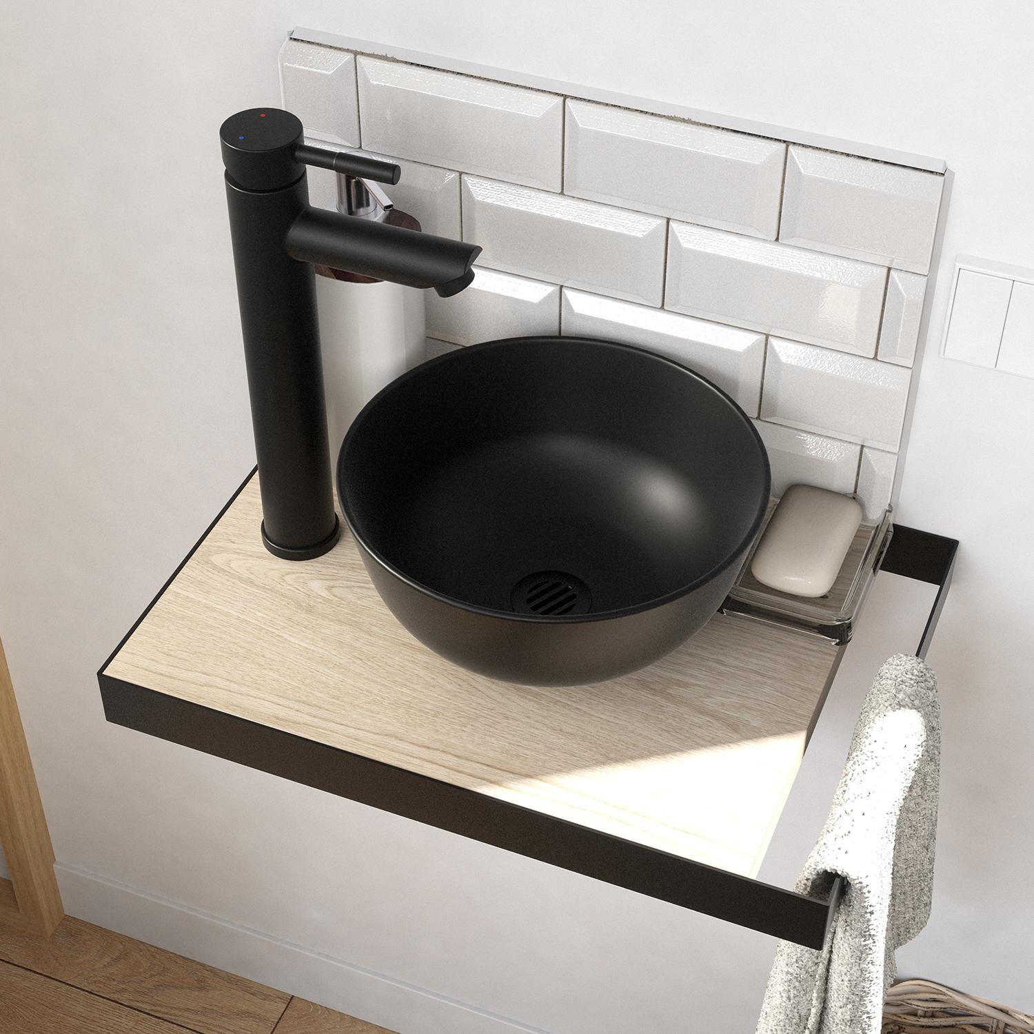 Meuble lave-mains plan fin porte-serviettes côté + vasque noire + robinet + miroir