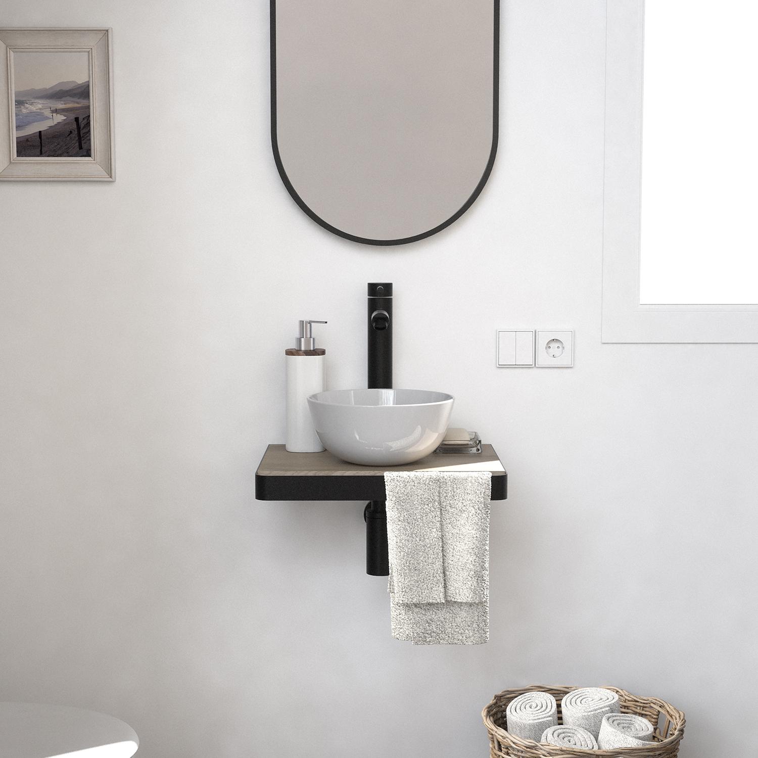 Meuble lave-mains plan fin porte-serviettes face + vasque blanche + miroir