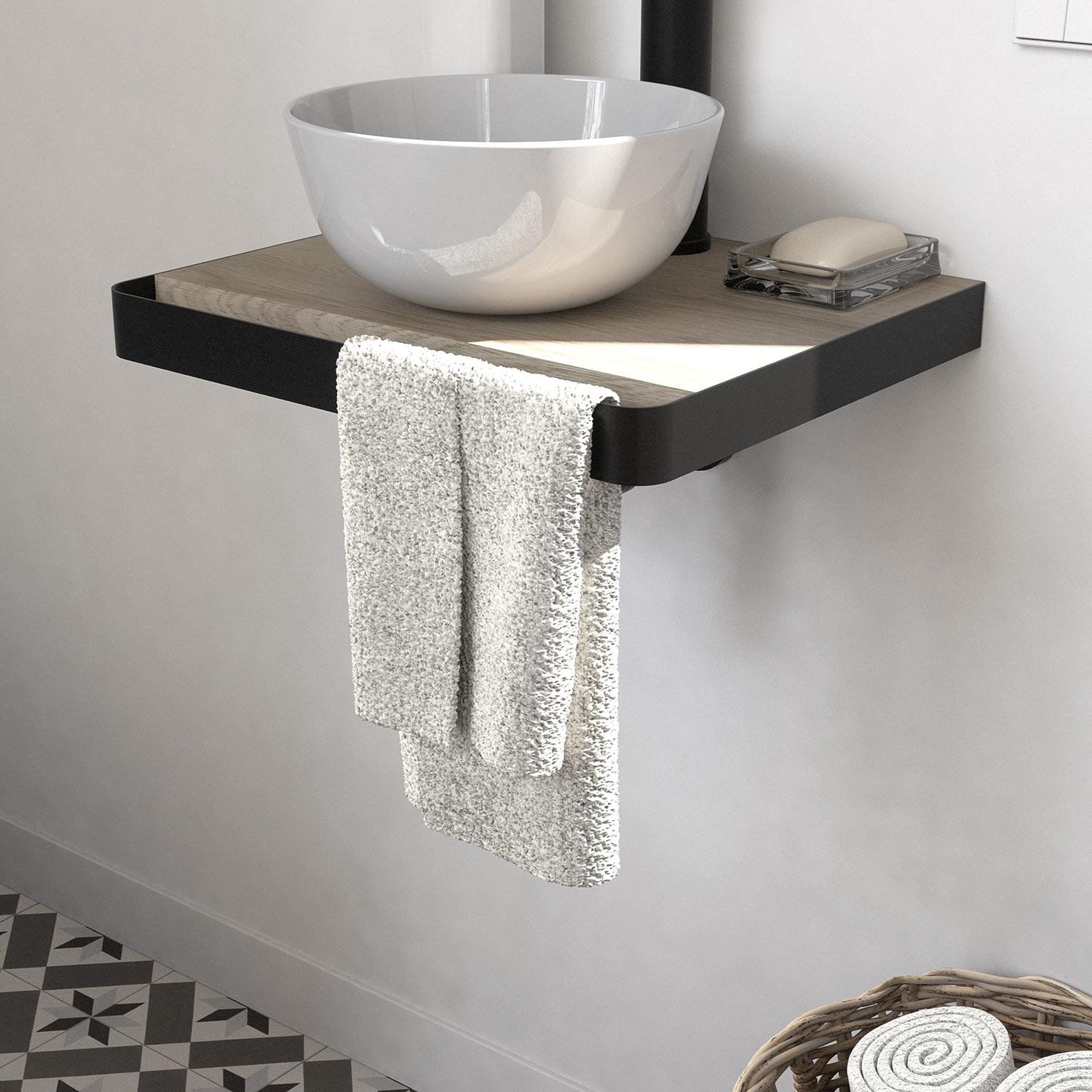 Meuble lave-mains plan fin porte-serviettes face + vasque blanche + miroir