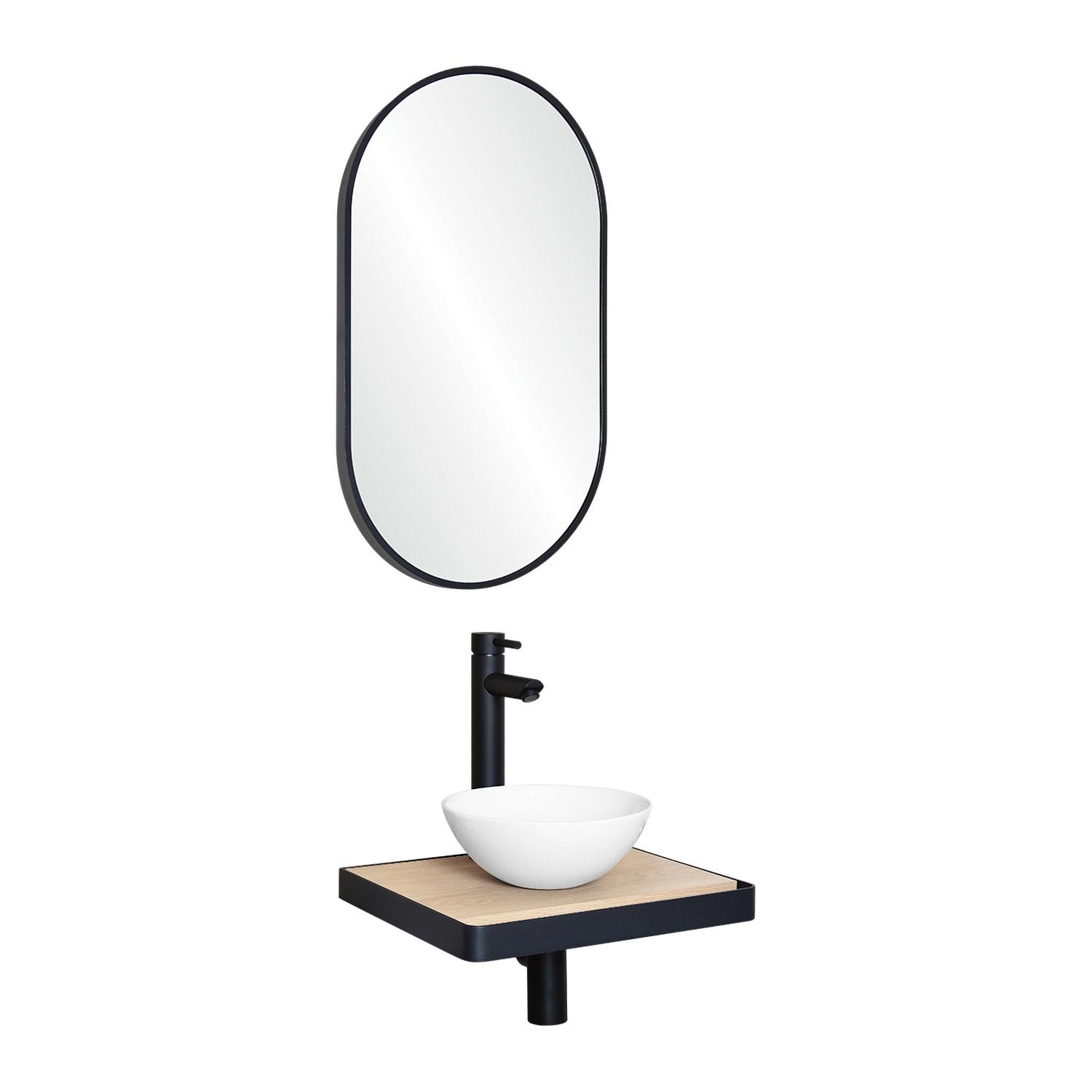 Meuble lave-mains plan fin porte-serviettes face + vasque blanche + robinet + miroir