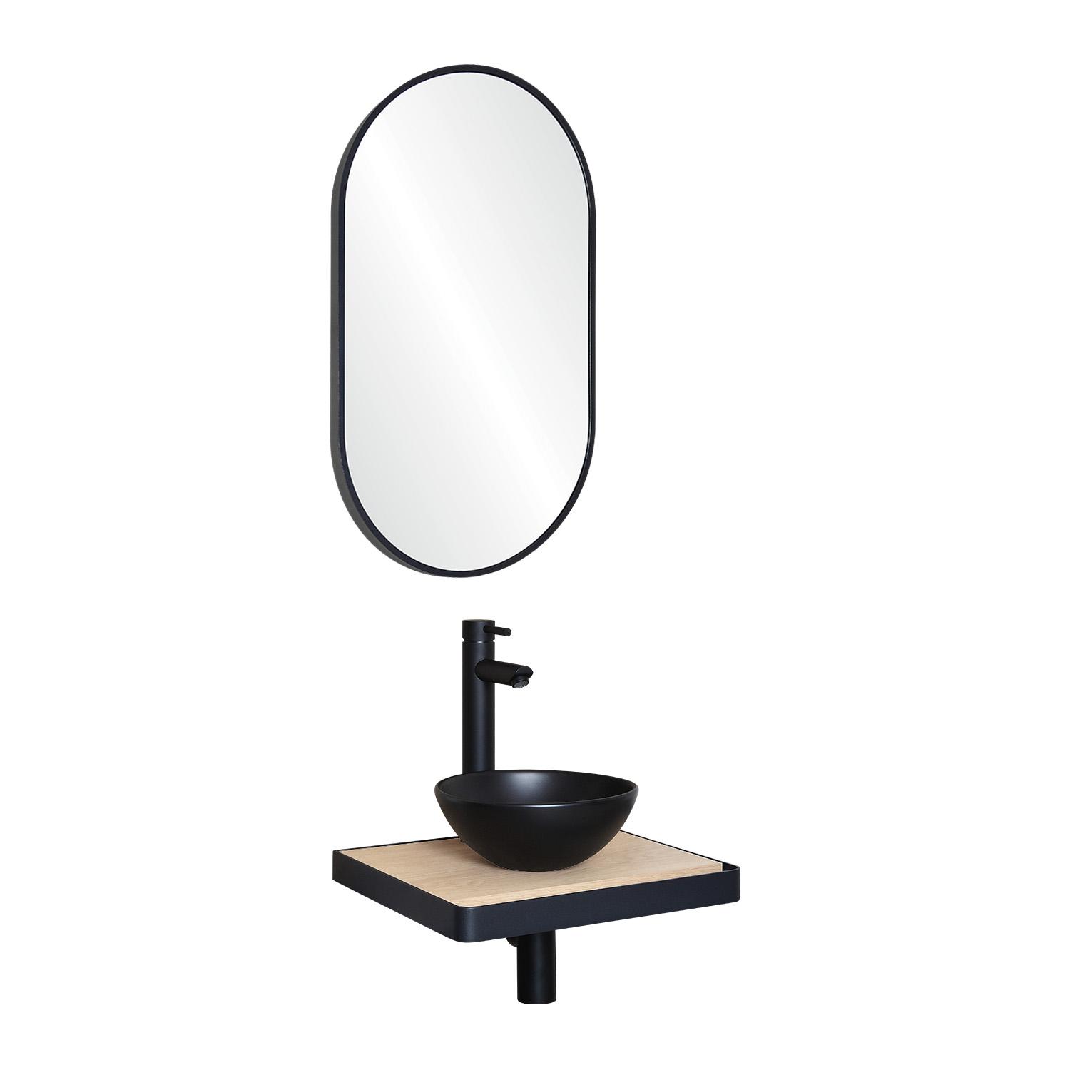 Meuble lave-mains plan fin porte-serviettes face + vasque noire + robinet + miroir