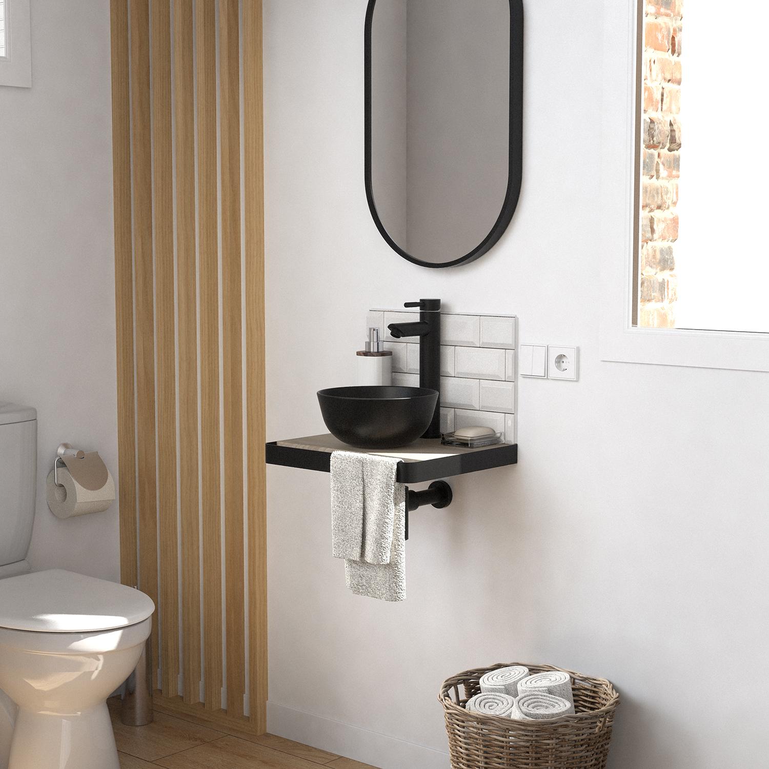 Meuble lave-mains plan fin porte-serviettes face + vasque noire + robinet + miroir