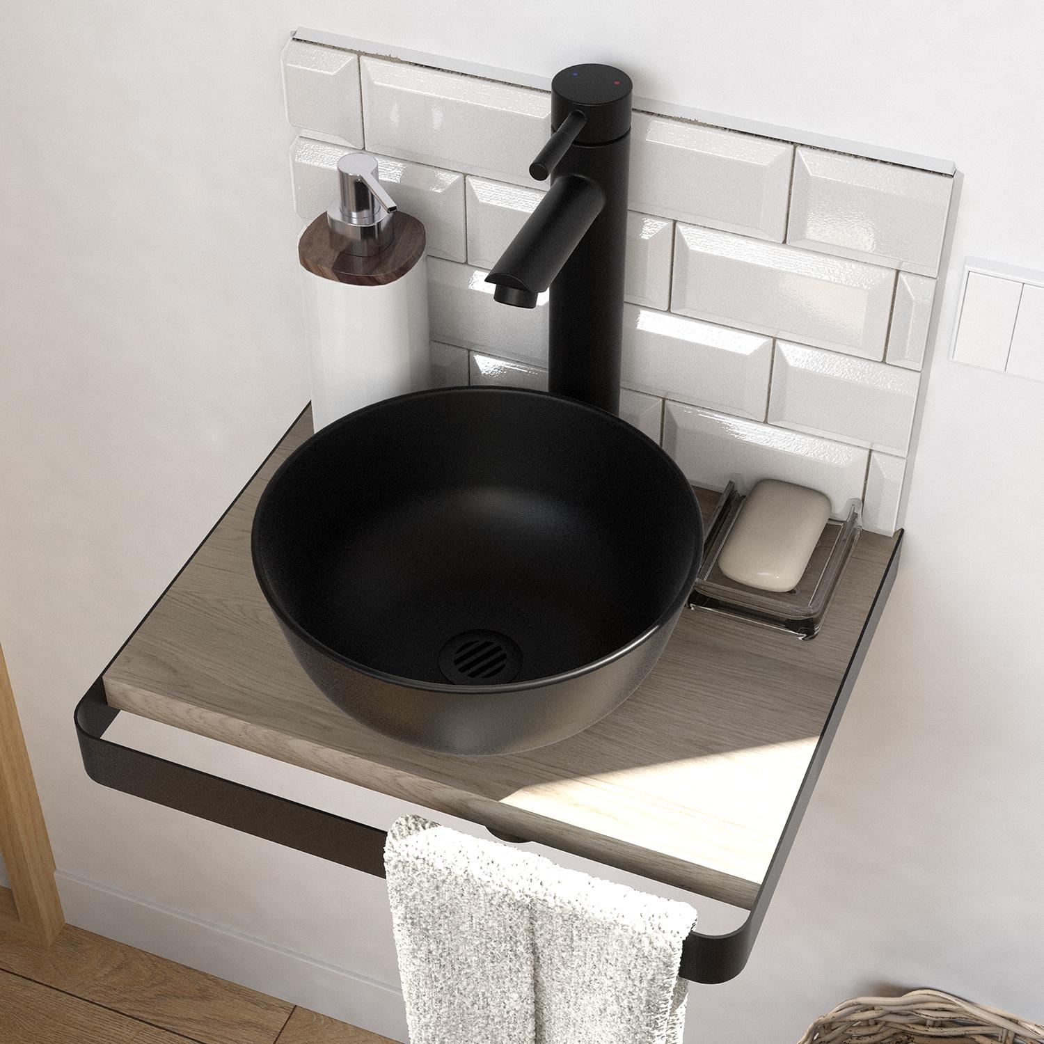 Meuble lave-mains plan fin porte-serviettes face + vasque noire + robinet + miroir