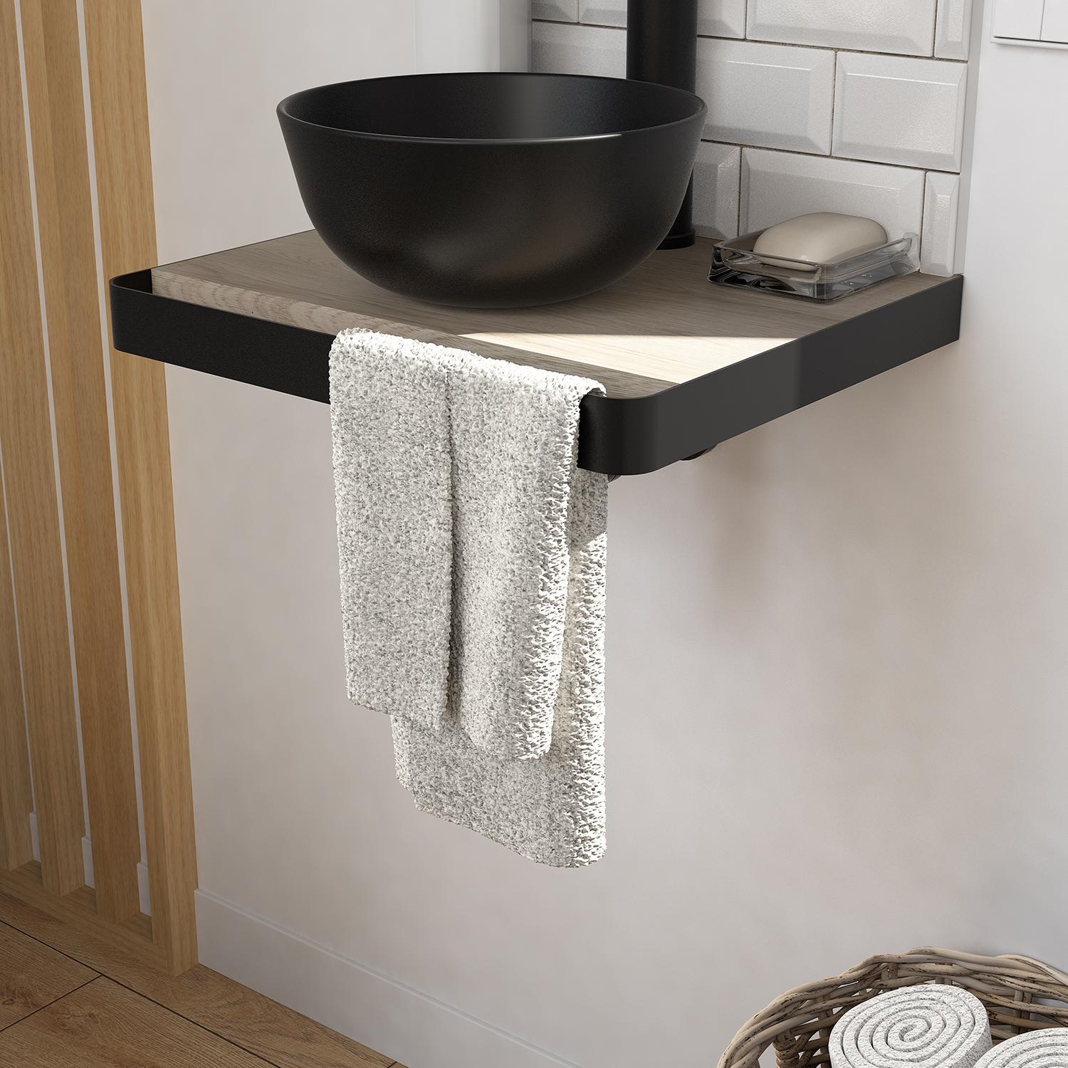 Meuble lave-mains plan fin porte-serviettes face + vasque noire + robinet + miroir