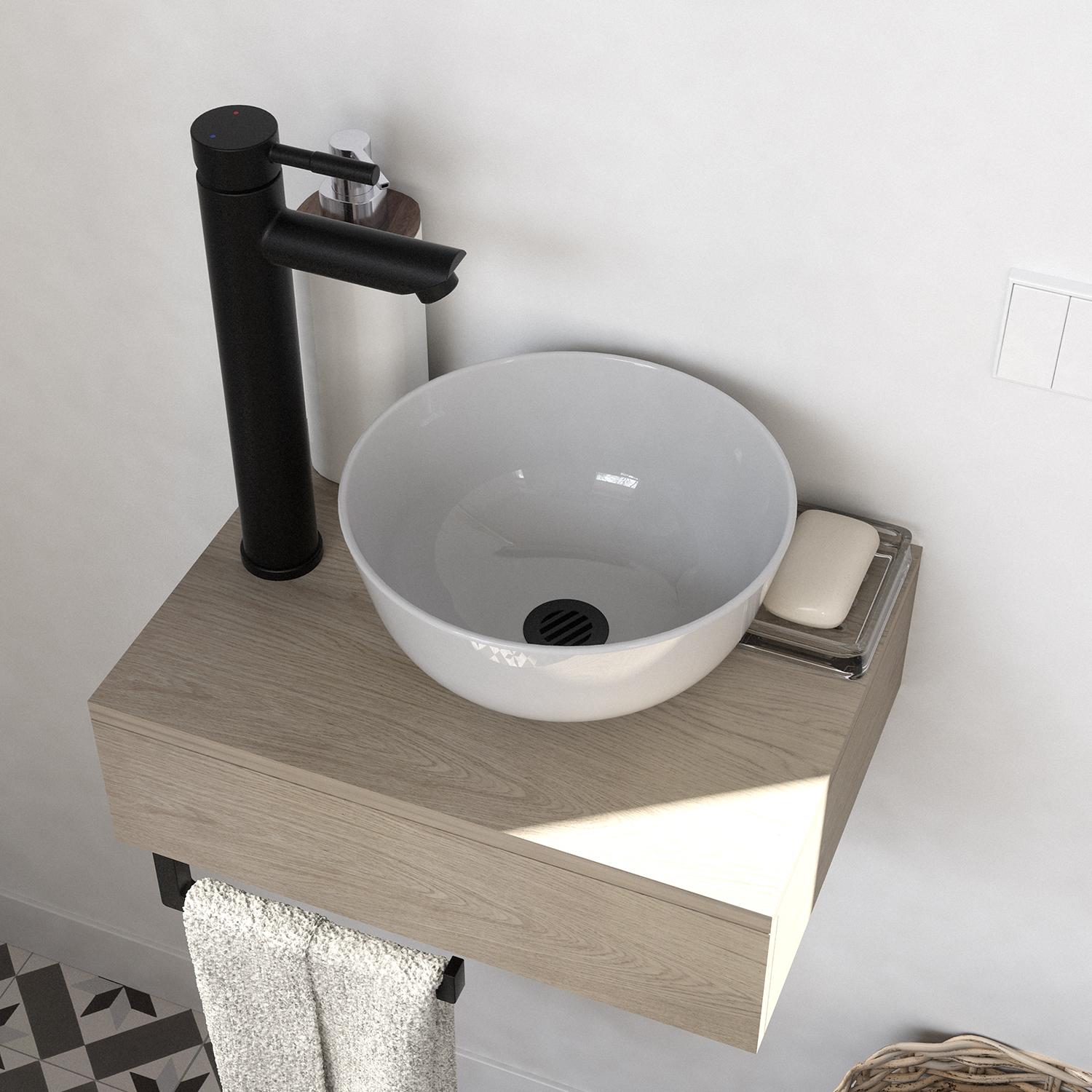 Meuble lave-mains plan épais porte-serviettes dessous + vasque blanche + miroir