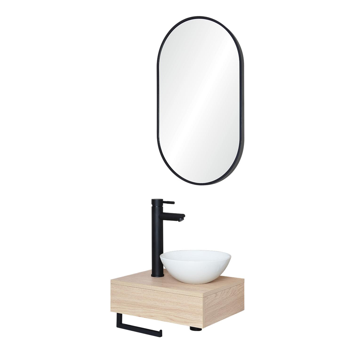 Meuble lave-mains plan épais porte-serviettes dessous + vasque blanche + robinet + miroir