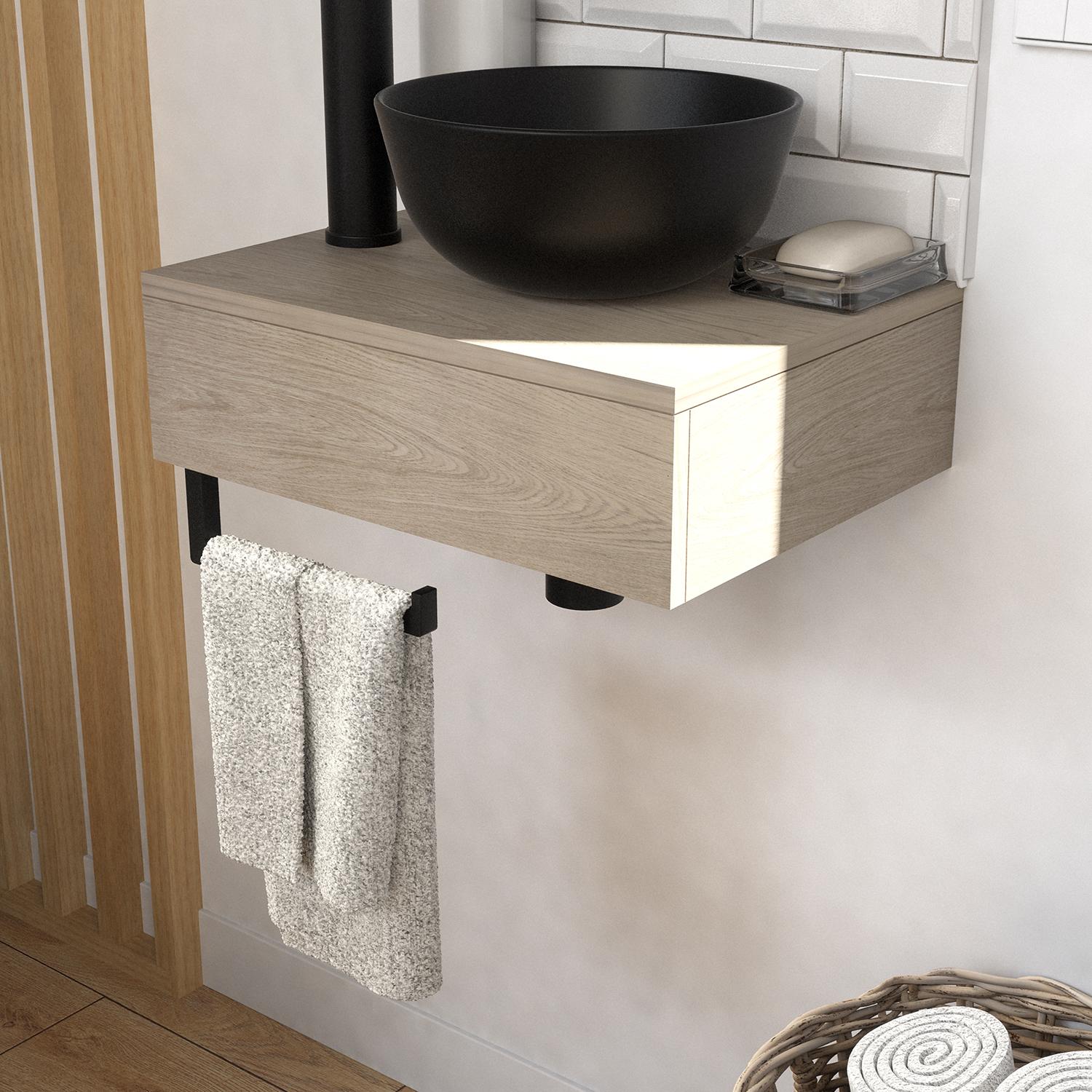 Meuble lave-mains plan épais porte-serviettes dessous + vasque noire + miroir