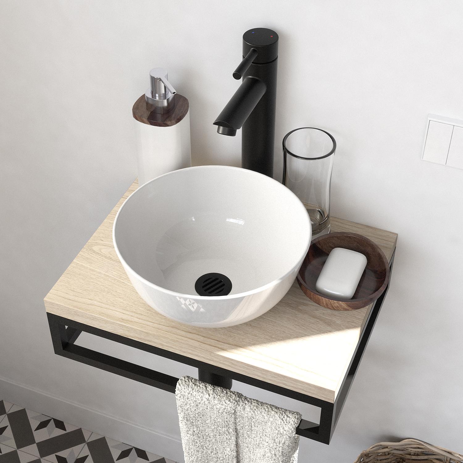 Meuble lave-mains plan fin porte-serviettes dessous + vasque blanche + robinet
