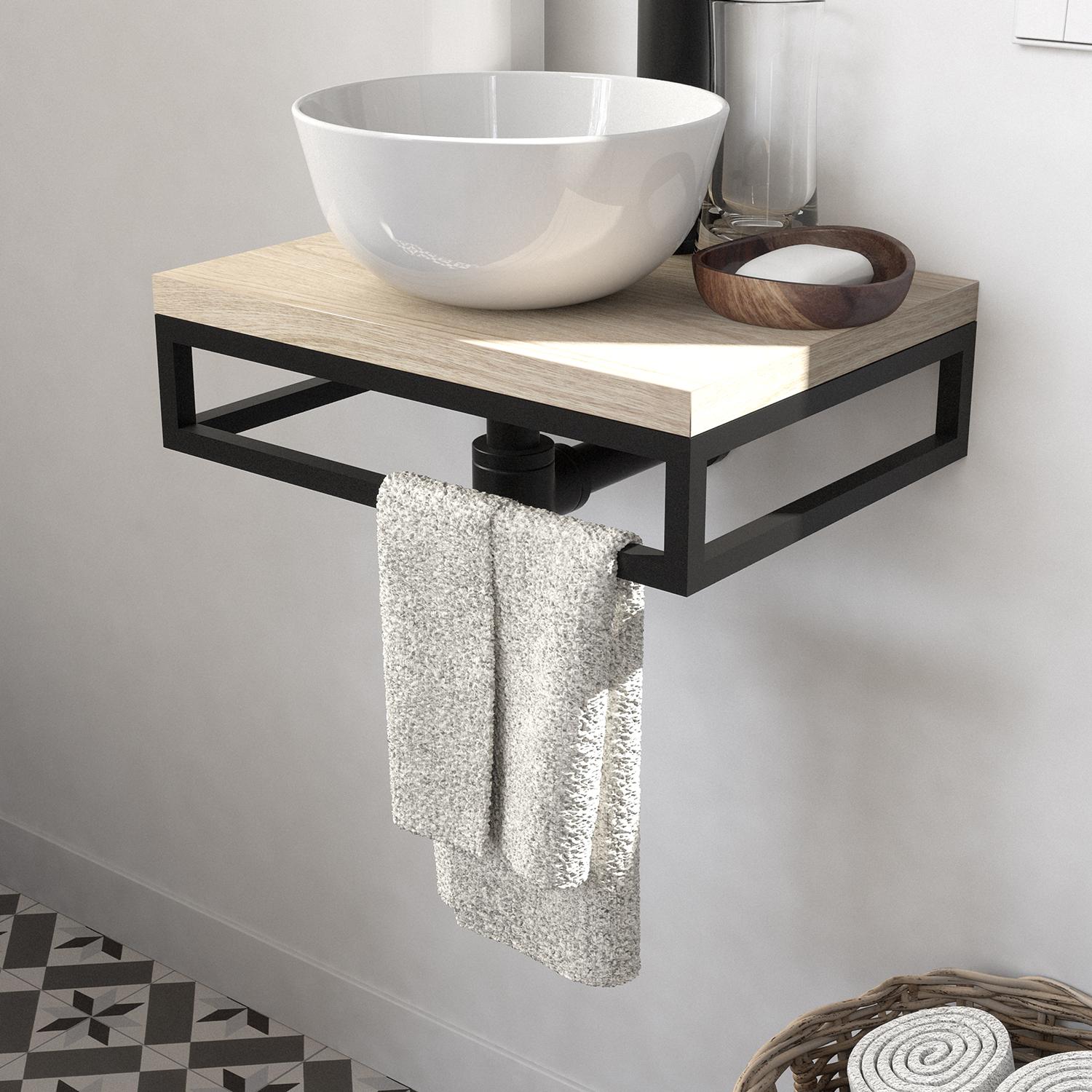 Meuble lave-mains plan fin porte-serviettes dessous + vasque blanche + robinet