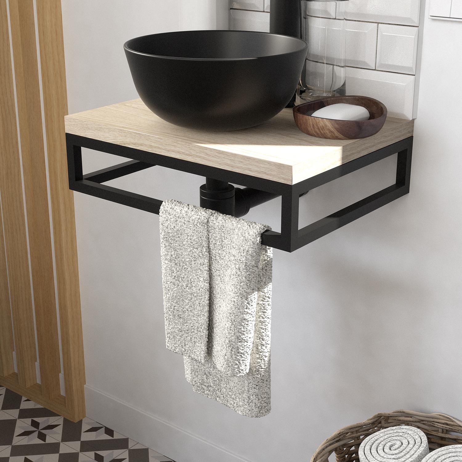 Meuble lave-mains plan fin porte-serviettes dessous + vasque noire + robinet