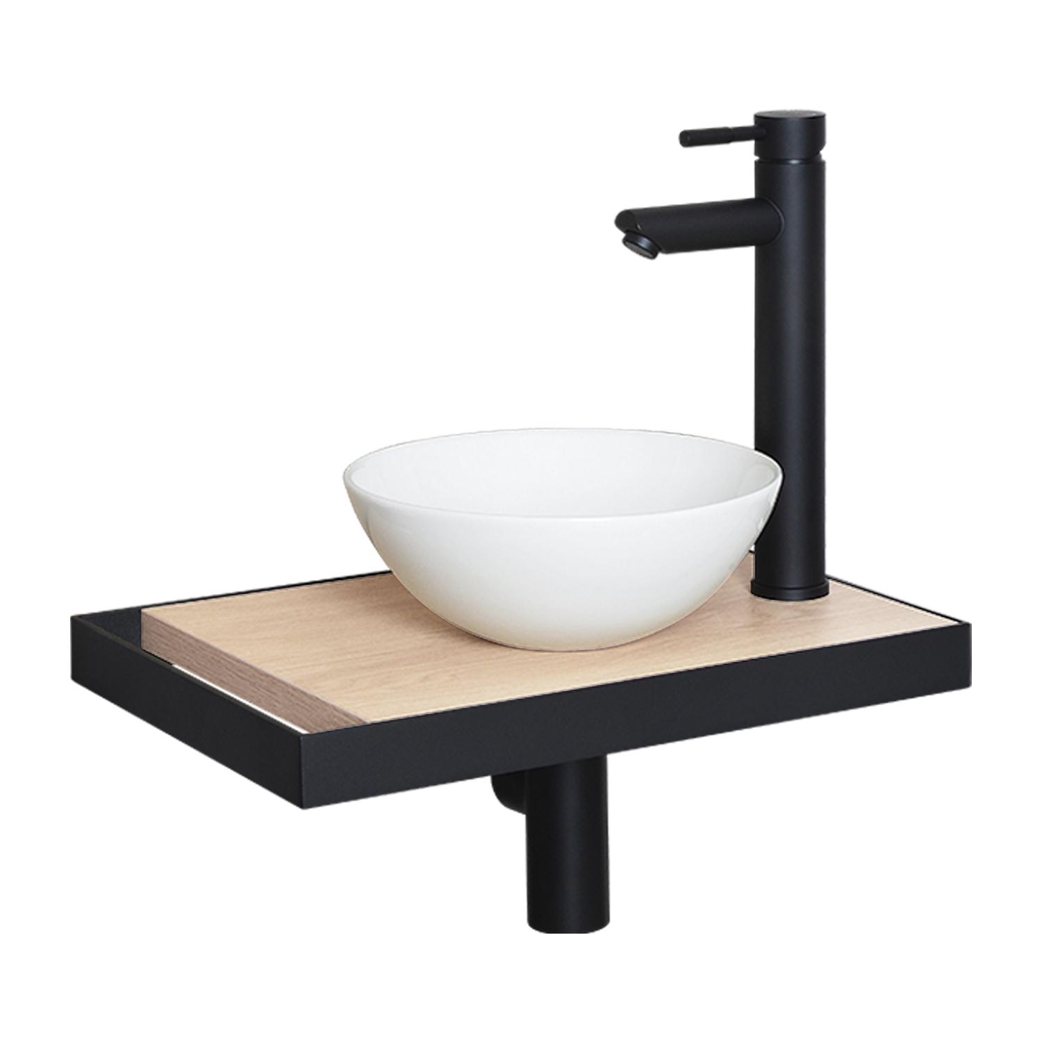 Meuble lave-mains plan fin porte-serviettes côté + vasque blanche + robinet