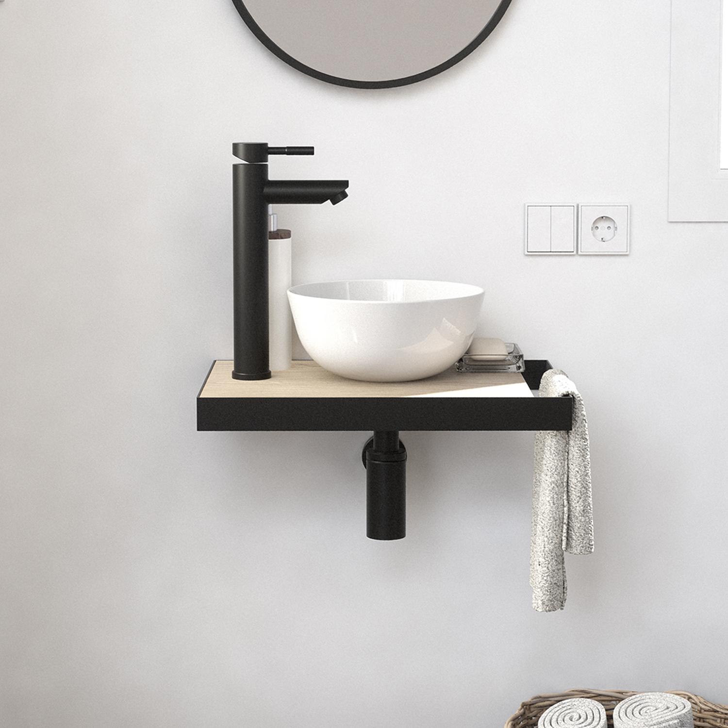 Meuble lave-mains plan fin porte-serviettes côté + vasque blanche + robinet