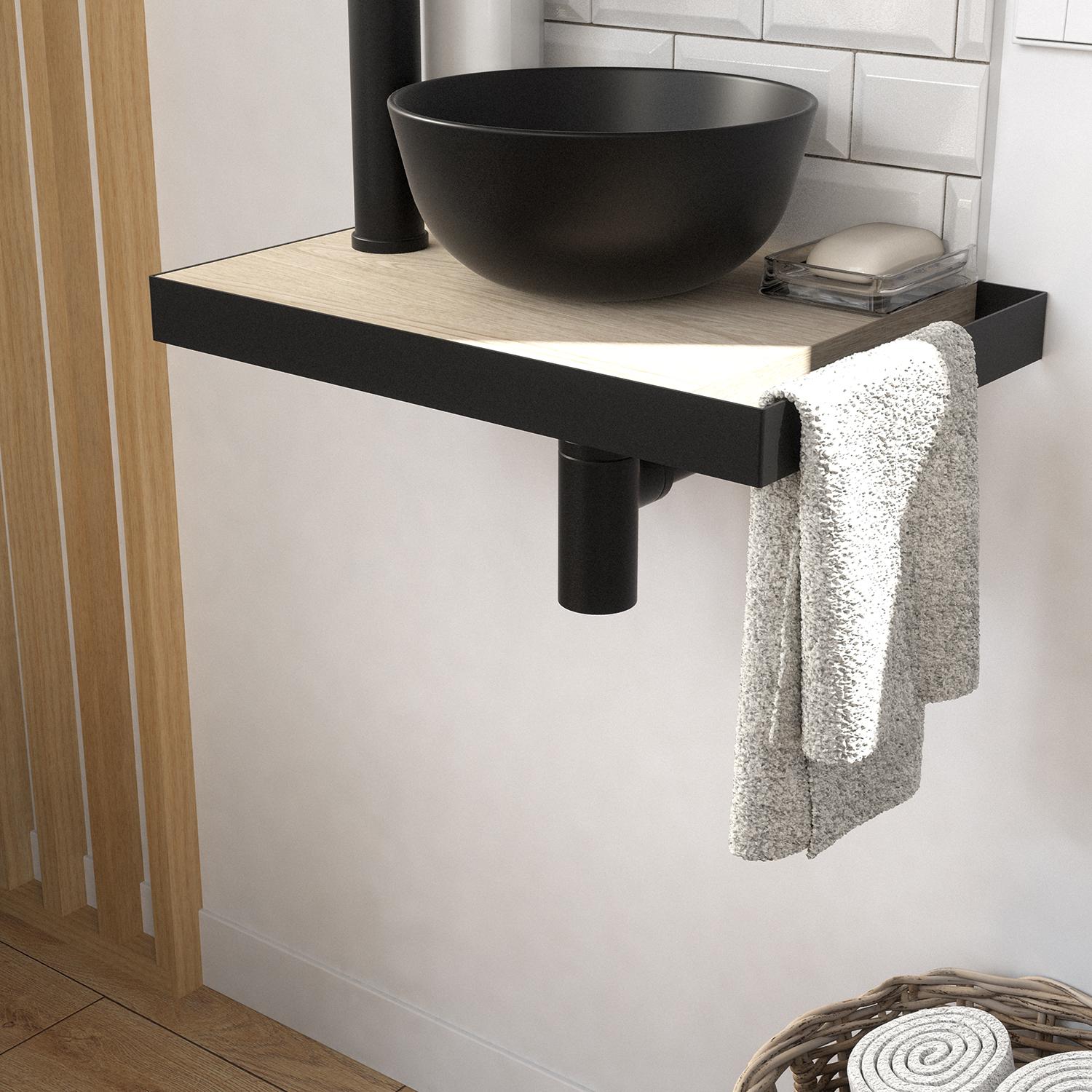 Meuble lave-mains plan fin porte-serviettes côté + vasque noire